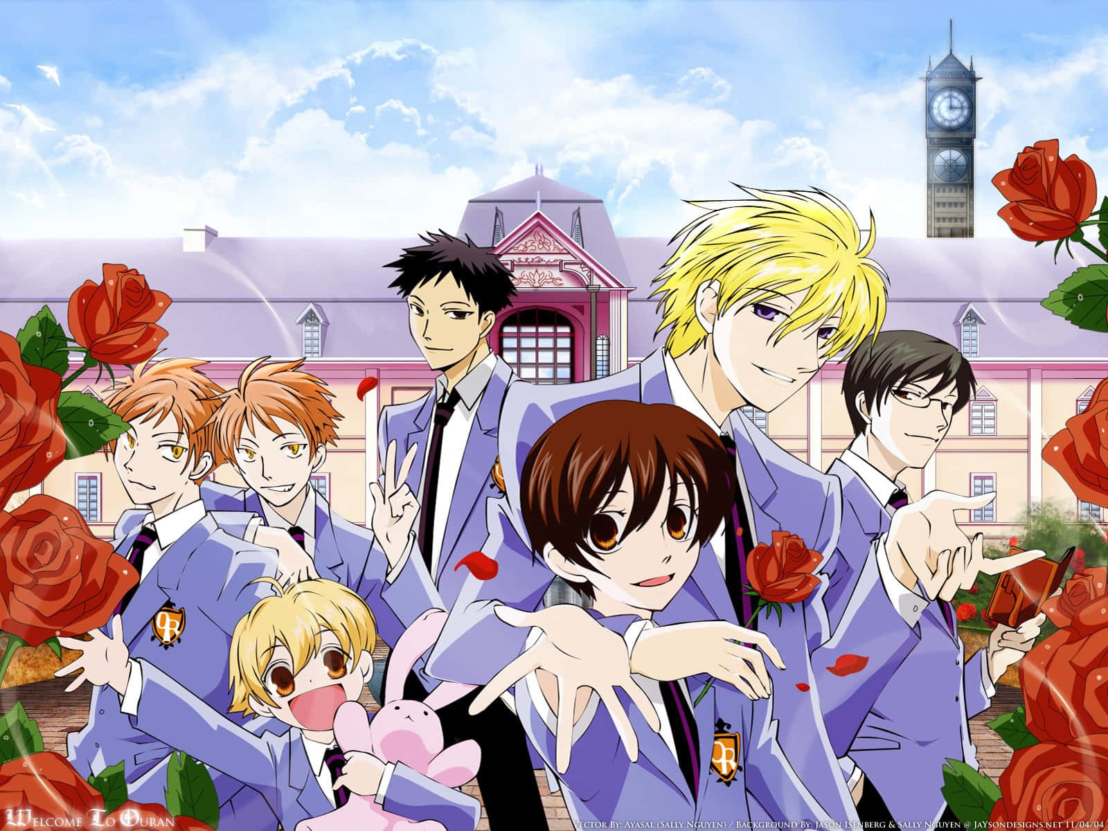 haruhi fujioka 桌布 壁紙 — 動畫男孩穿著紫色校服，在宏偉的校舍前，於紅玫瑰中愉快地擺姿勢，背景是明亮的藍天。