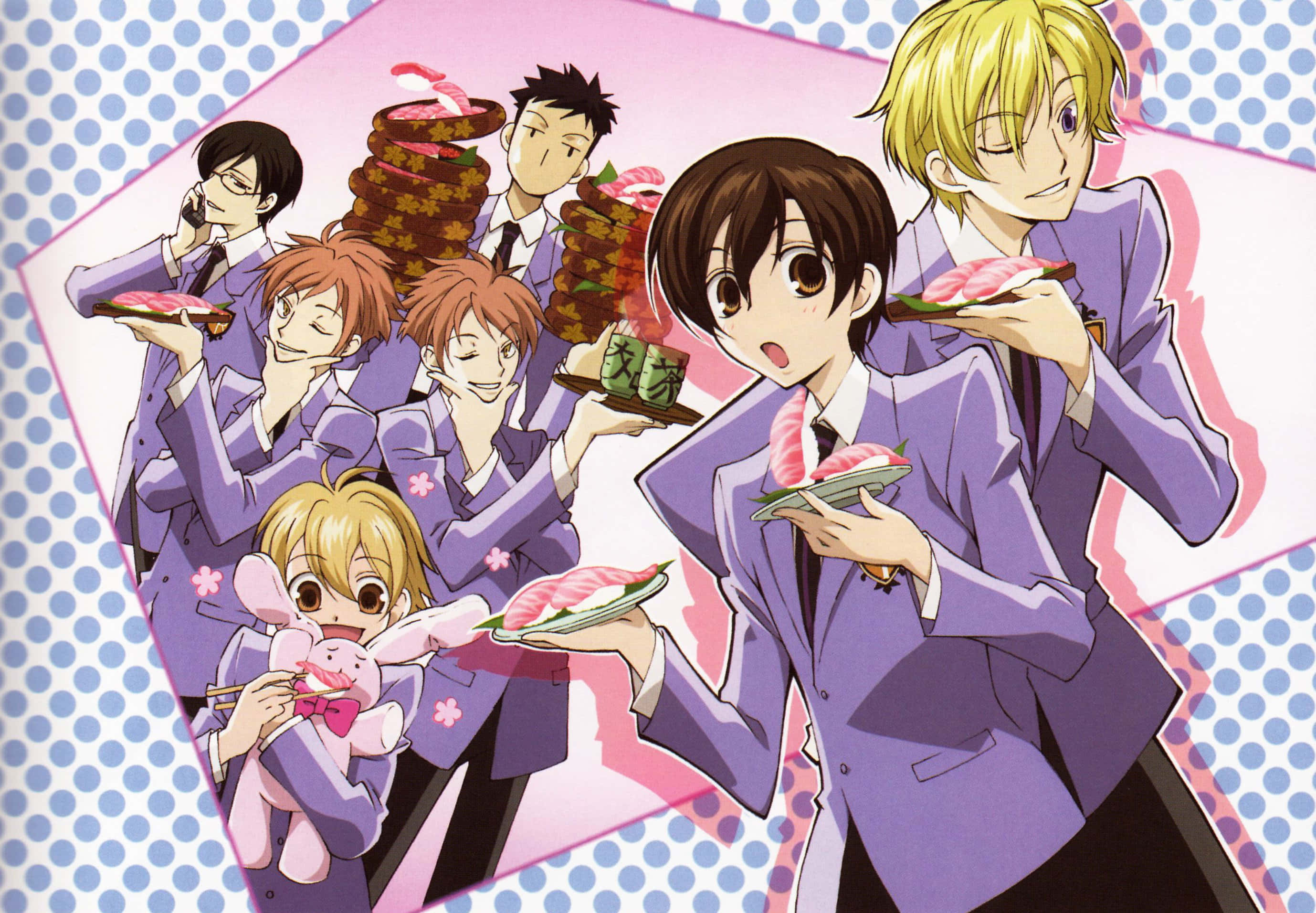 ouran high school host club 桌布 壁紙 — 動畫男孩穿著紫色西裝，在粉紅色和藍色圓點背景上愉快地吃壽司。