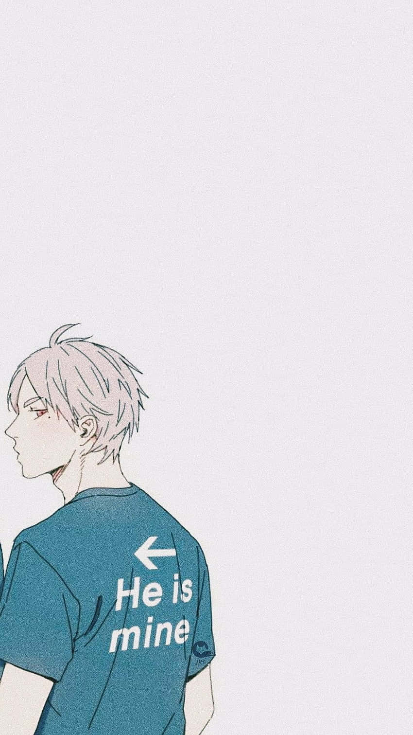 Haikyuu Phone 桌布 壁紙 — 動畫男孩穿著藍色襯衫，上面有文字「he is mine」和指向左邊的箭頭，背景為純色。