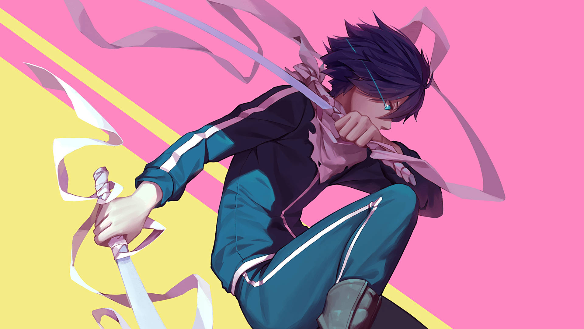 Noragami 桌布 壁紙 — 動畫男孩穿著藍色運動服蹲下拿著劍，粉紅色和黃色絲帶在他周圍旋轉。