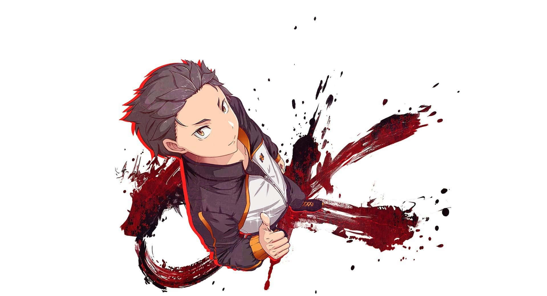 Subaru Natsuki 桌布 壁紙 — 動畫男孩穿著運動外套，帶著堅定的表情衝破紅色油漆飛濺，背景為白色。