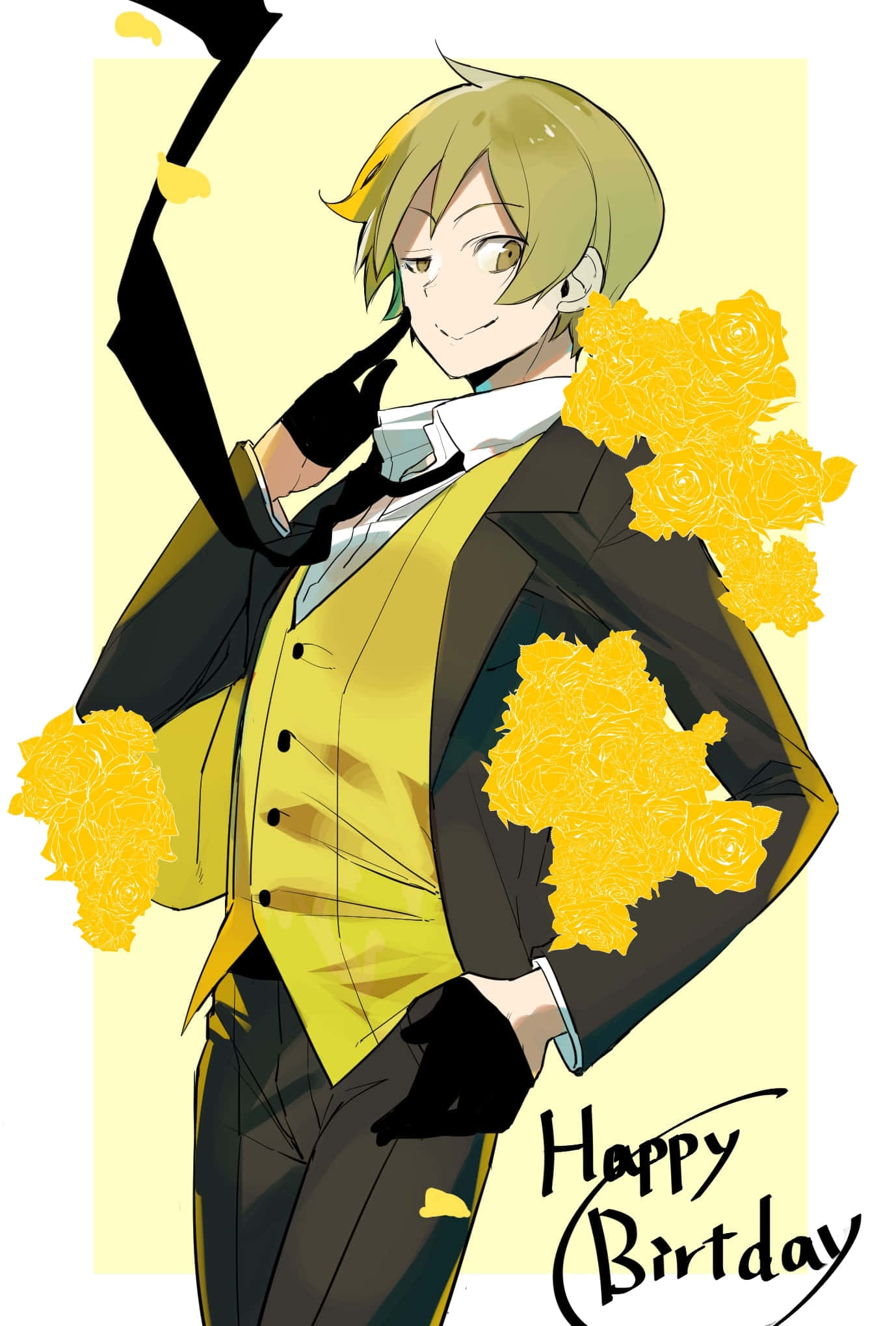 Masaomi Kida 桌布 壁紙 — 動畫男孩穿著黃色背心和黑色西裝，在淡黃色背景上拿著玫瑰微笑，並帶有「Happy Birthday」文字。