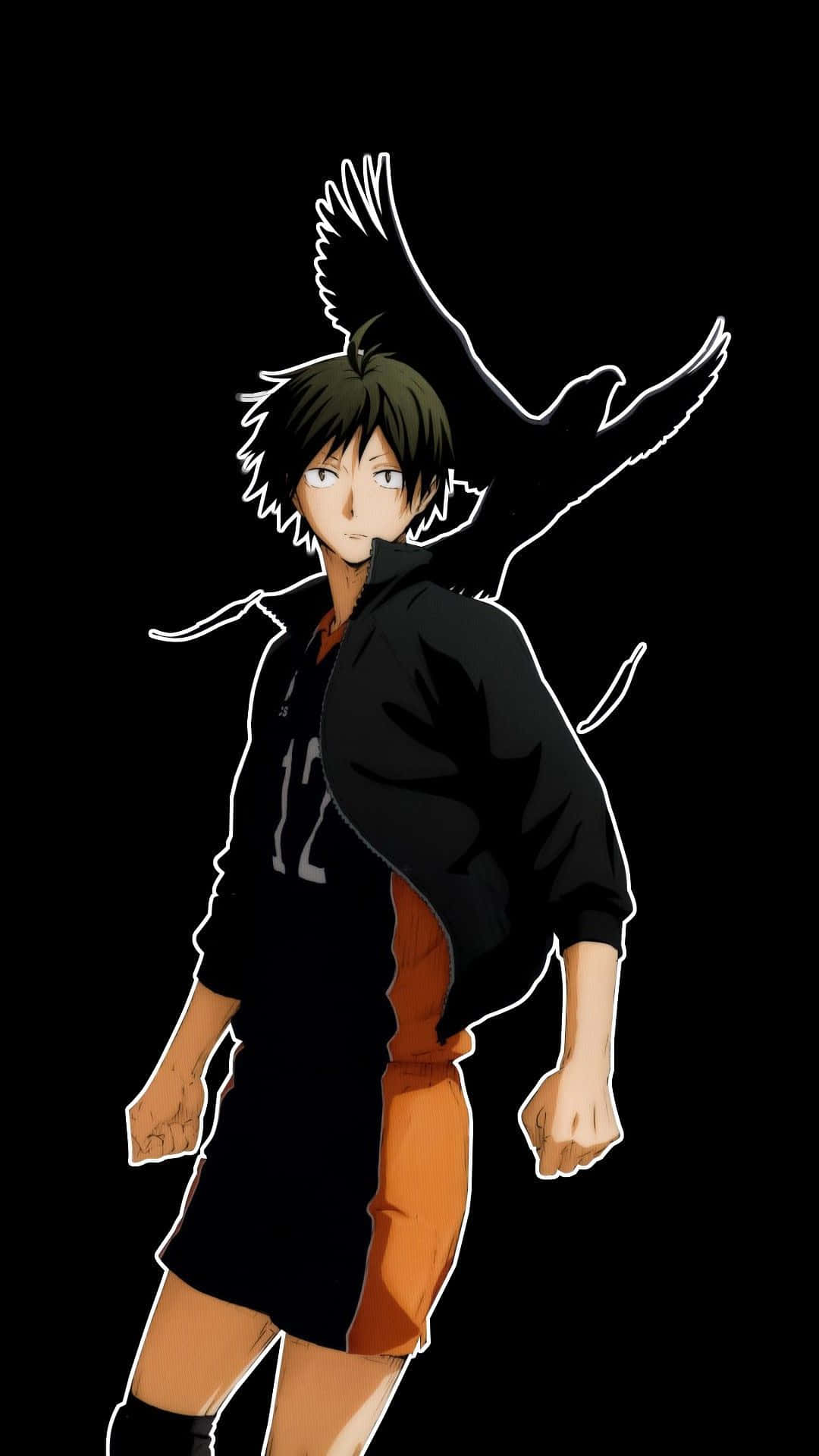 Tadashi Yamaguchi 桌布 壁紙 — 動畫男孩穿著黑色和橙色運動服，自信地站在黑色背景前，身後有白色鳥類剪影。