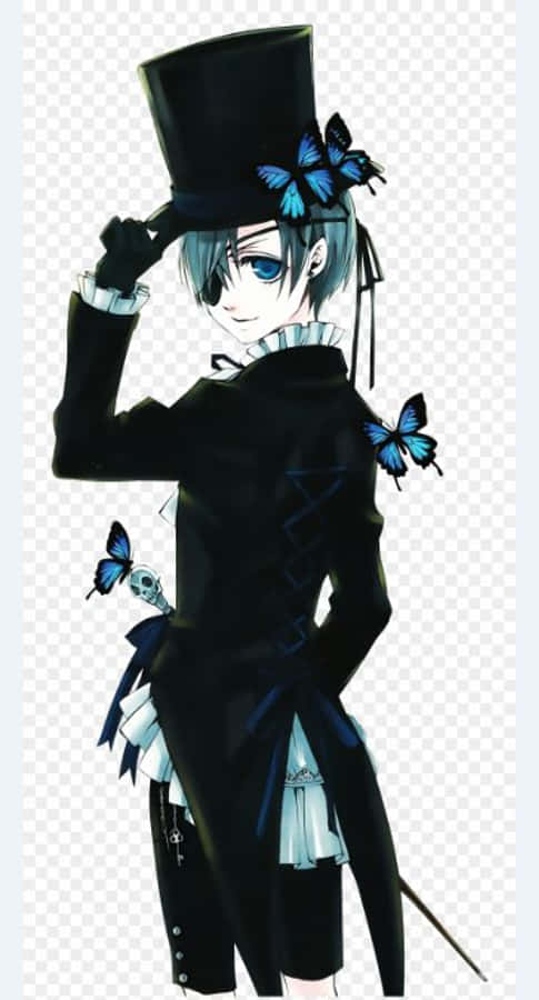 Ciel Phantomhive 桌布 壁紙 — 動畫男孩穿著黑色高帽和外套，藍色蝴蝶在他周圍飛舞。
