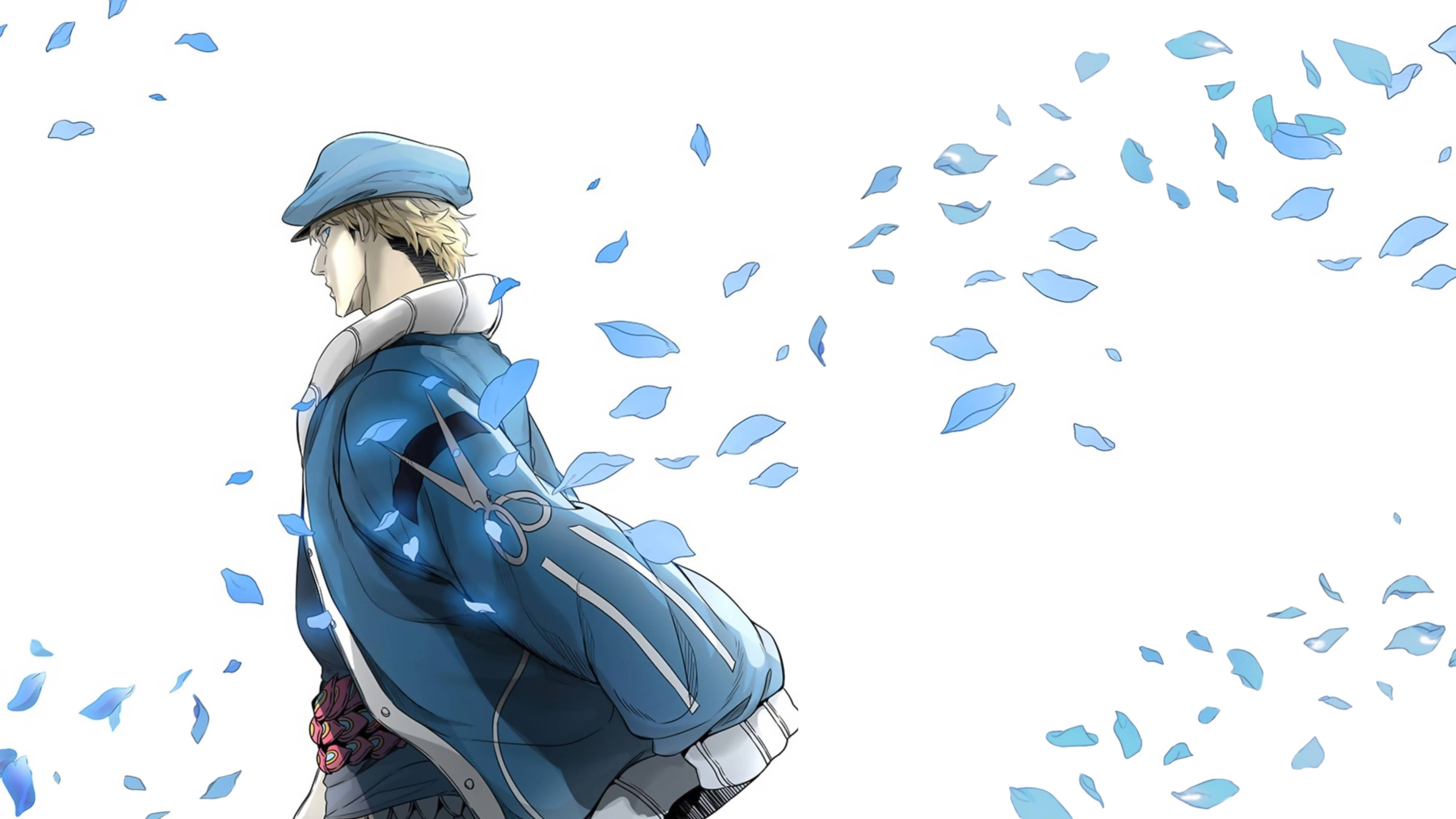 Tower Of God 桌布 壁紙 — 動畫男孩身穿藍色外套和帽子，站在純白背景下飄落的藍色花瓣中。