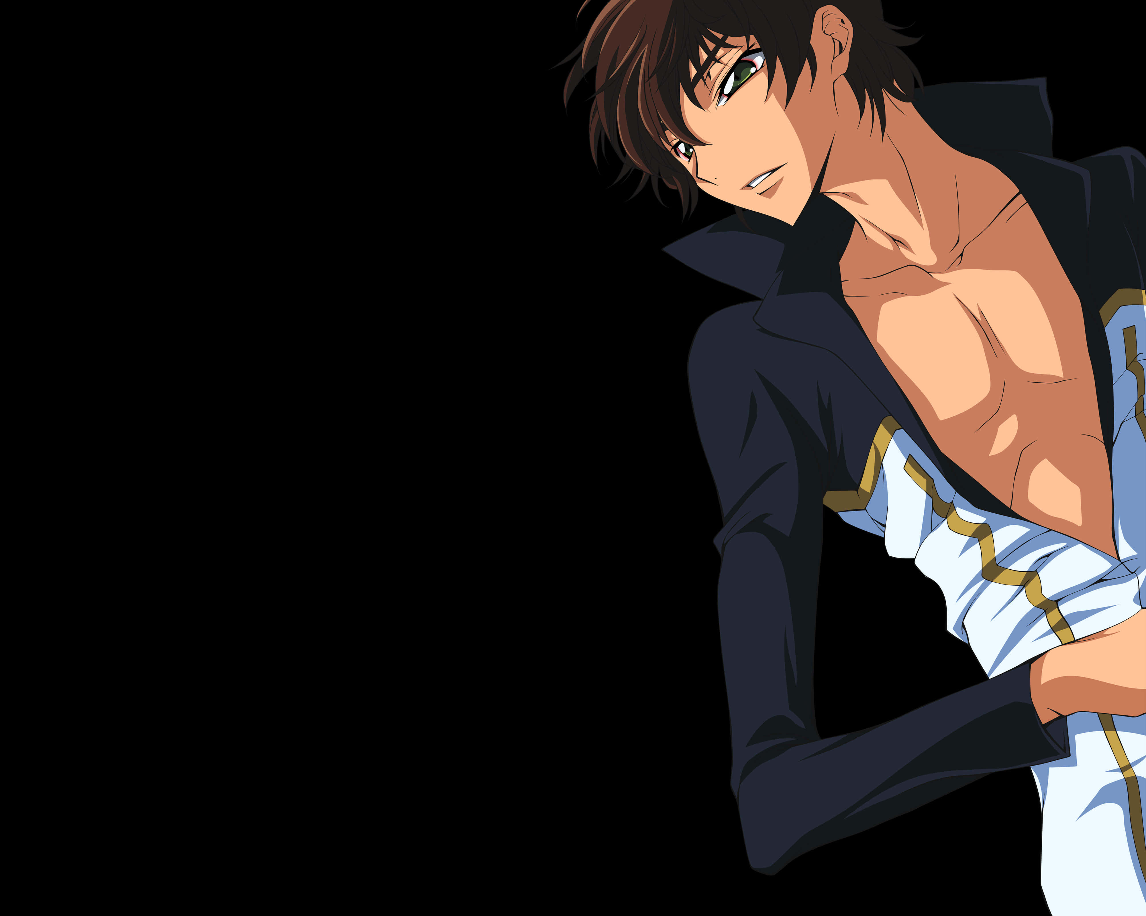 Suzaku Kururugi 桌布 壁紙 — 動畫男性角色，棕色頭髮，綠色眼睛，在黑色背景前傾身，部分解開的夾克露出結實的胸膛。