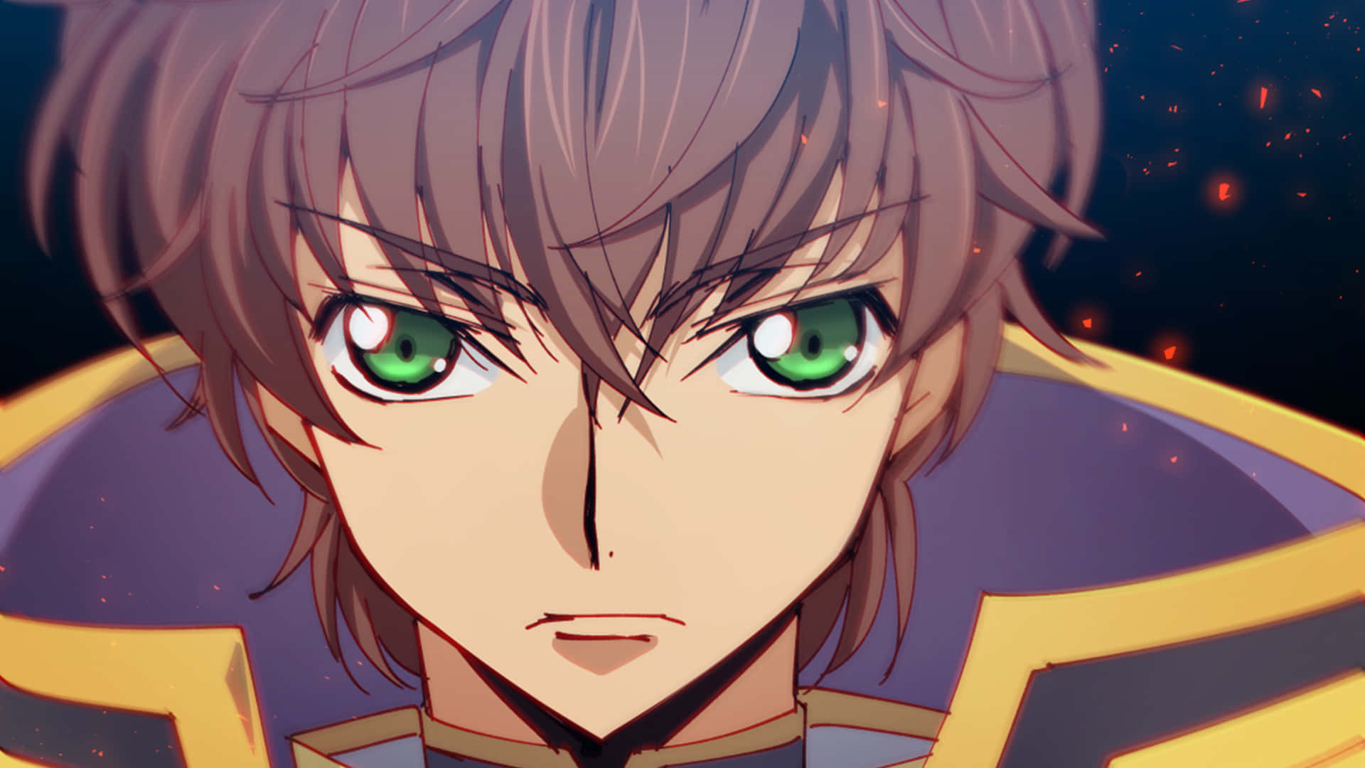 Suzaku Kururugi 桌布 壁紙 — 動畫男性角色特寫，擁有強烈的綠色眼睛和棕色頭髮，背景為黑暗並帶有發光粒子。