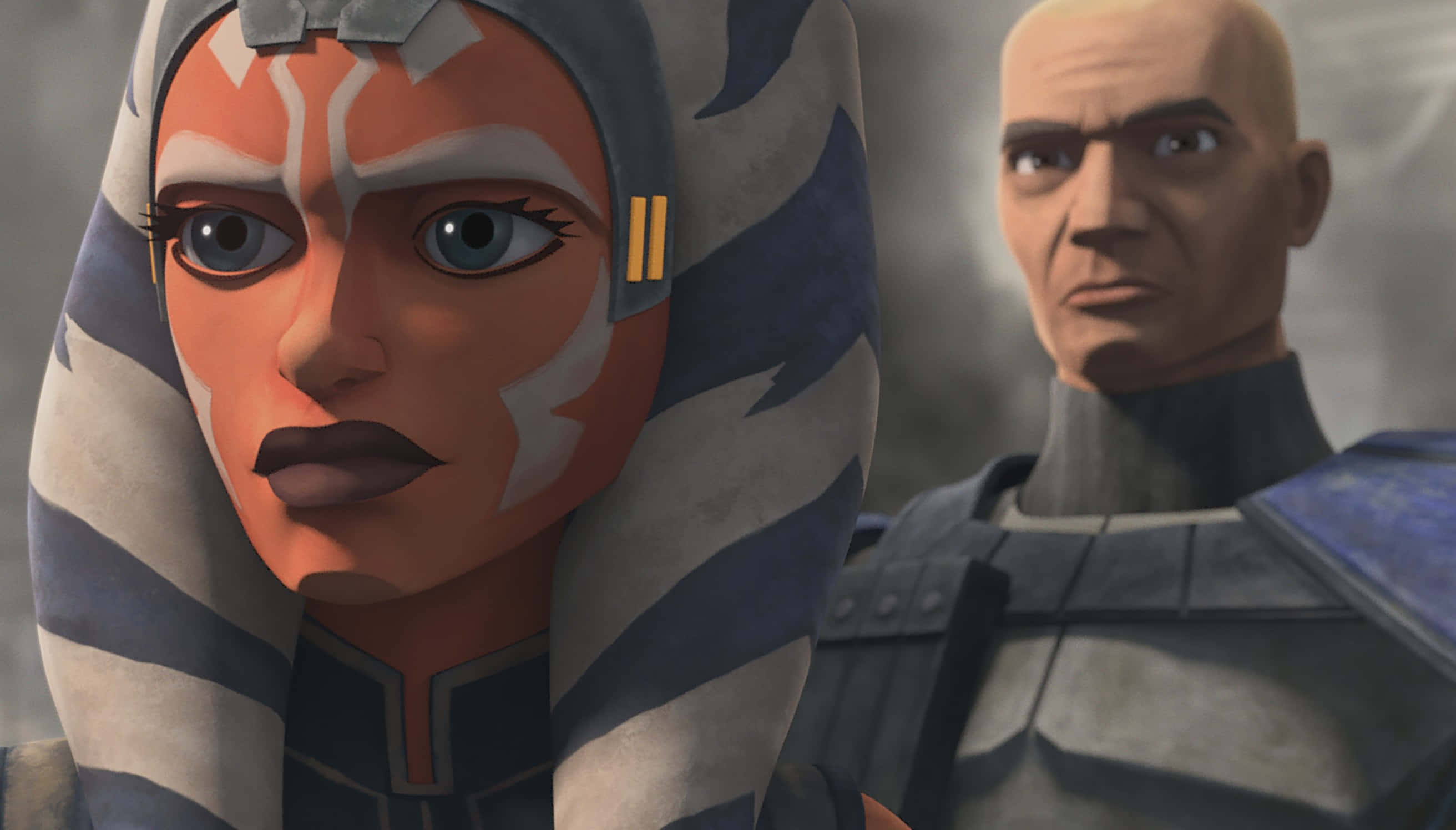 The Order 66 桌布 壁紙 — 動畫絕地學徒亞蘇卡·譚諾的近照，藍眼睛，條紋頭巾，旁邊是一個表情嚴肅的裝甲男子，背景煙霧瀰漫。
