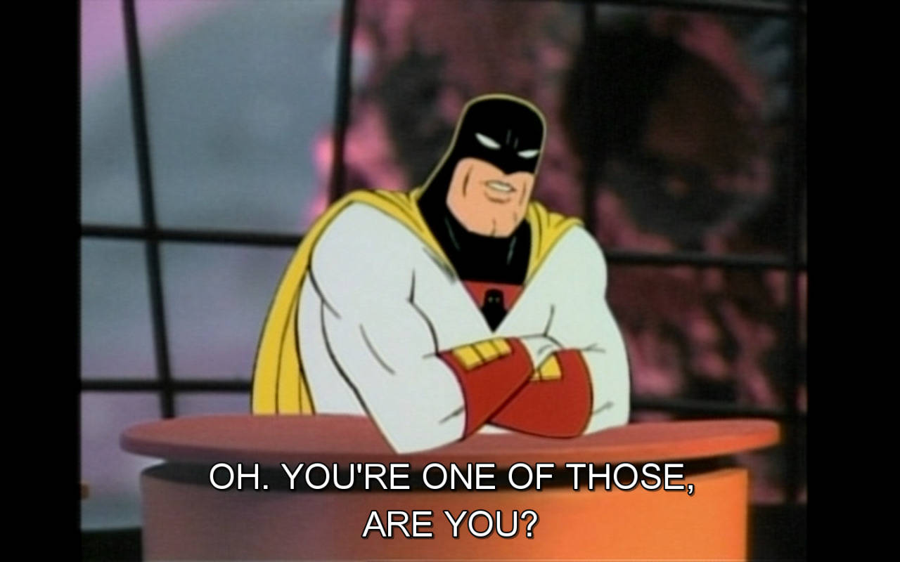 Space Ghost 桌布 壁紙 — 動畫羅賓以經典90年代卡通風格，交叉雙臂自信地坐在桌前。