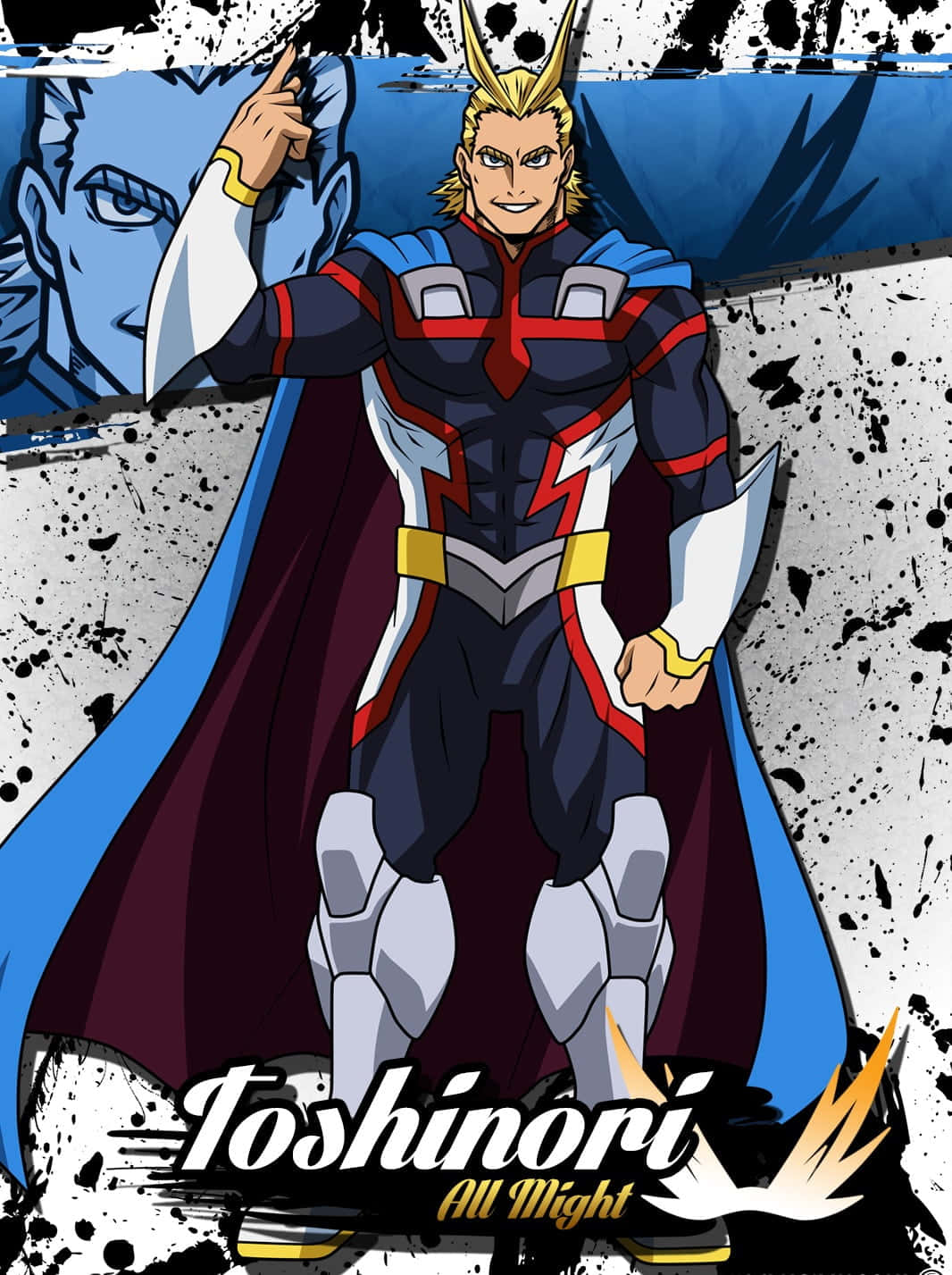 我的英雄學院 桌布 壁紙 — 動畫英雄 All Might 穿著標誌性的藍、紅、白色套裝和披風，在潑濺背景前擺出英勇姿勢。