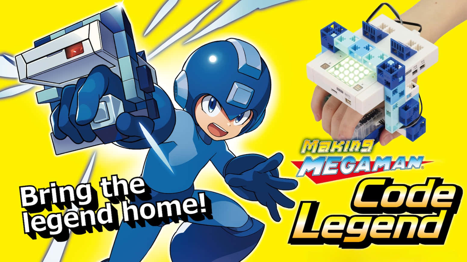 Megaman 桌布 壁紙 — 動畫英雄洛克人穿著藍色盔甲，在明亮的黃色背景前，旁邊有一隻手拿著藍白相間的LEGO風格控制器，他揮舞著發光的武器。