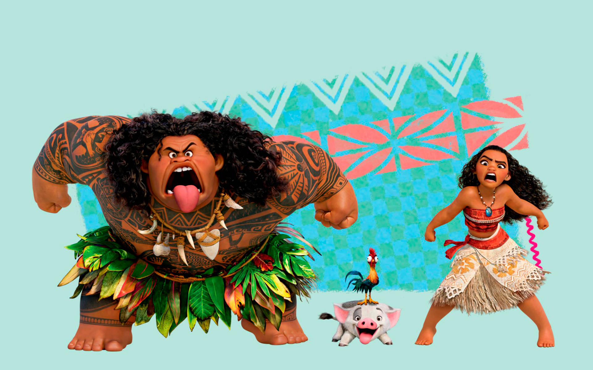Maui 桌布 壁紙 — 動畫角色 Maui 和 Moana 以動態姿勢呈現，一隻公雞站在豬身上，背景為圖案背景。