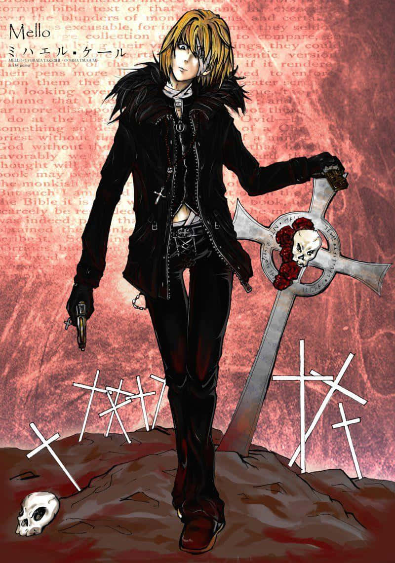 Death Note Mello 桌布 壁紙 — 動畫角色 Mello 站在墓地，手持一個帶有骷髏頭和玫瑰的大十字架，周圍有破碎的十字架和地上的骷髏頭。