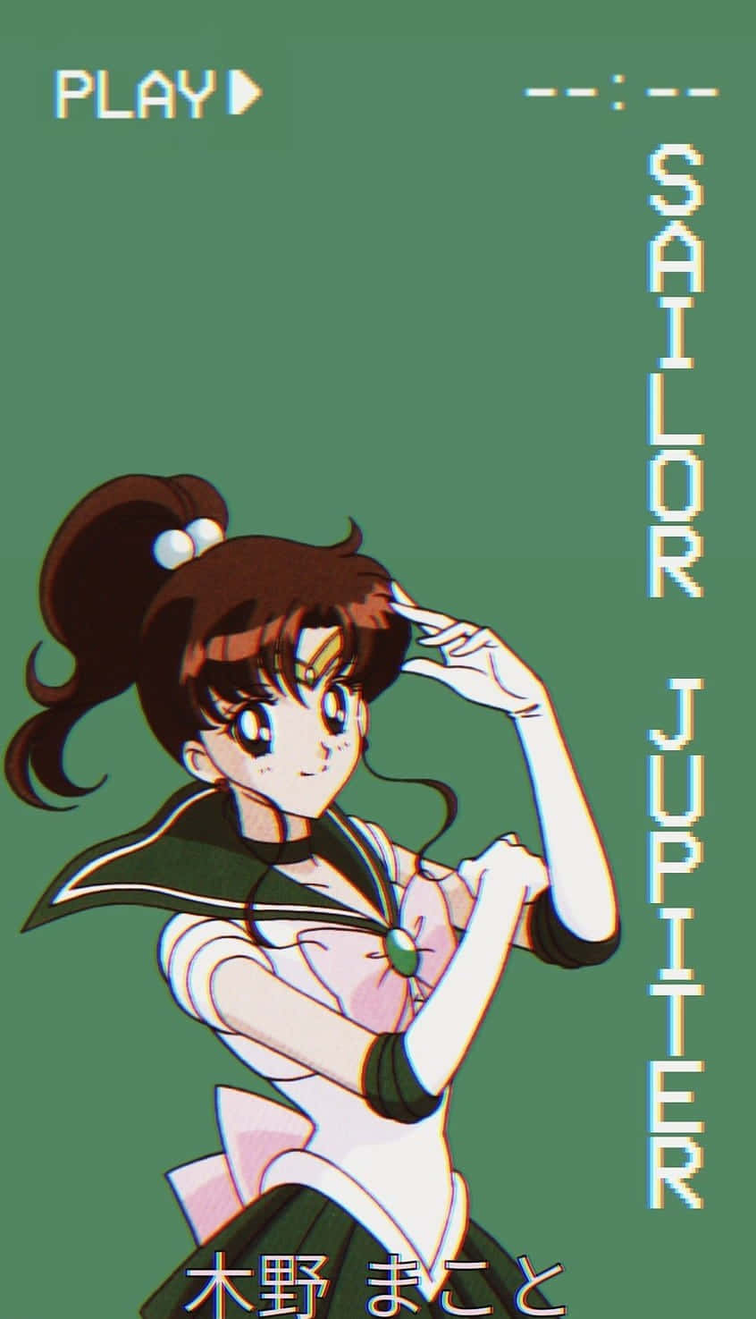 桌布 壁紙 — 動畫角色 Sailor Jupiter 穿著標誌性服裝，在帶有遊戲介面文字的純綠色背景上自信地敬禮。