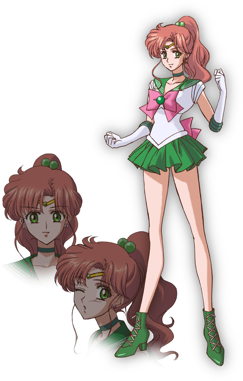 sailor 桌布 壁紙 — 動畫角色 Sailor Jupiter 自信地站在黑色背景前，身穿綠色和白色制服，繫著粉紅色蝴蝶結。