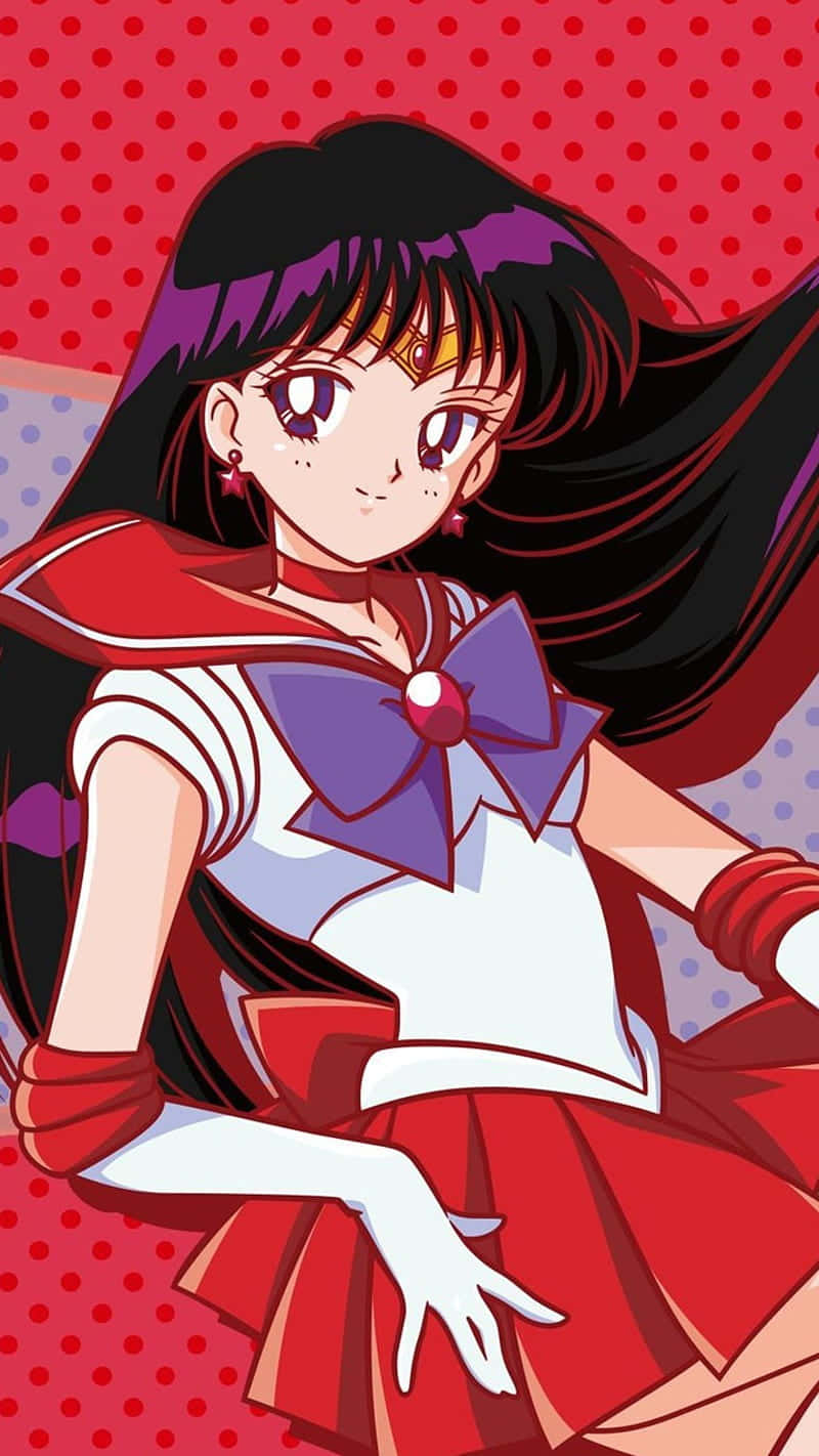 sailor mars 桌布 壁紙 — 動畫角色 Sailor Mars 自信地擺姿勢，身穿紅白水手服，背景是鮮豔的紅色圓點圖案。