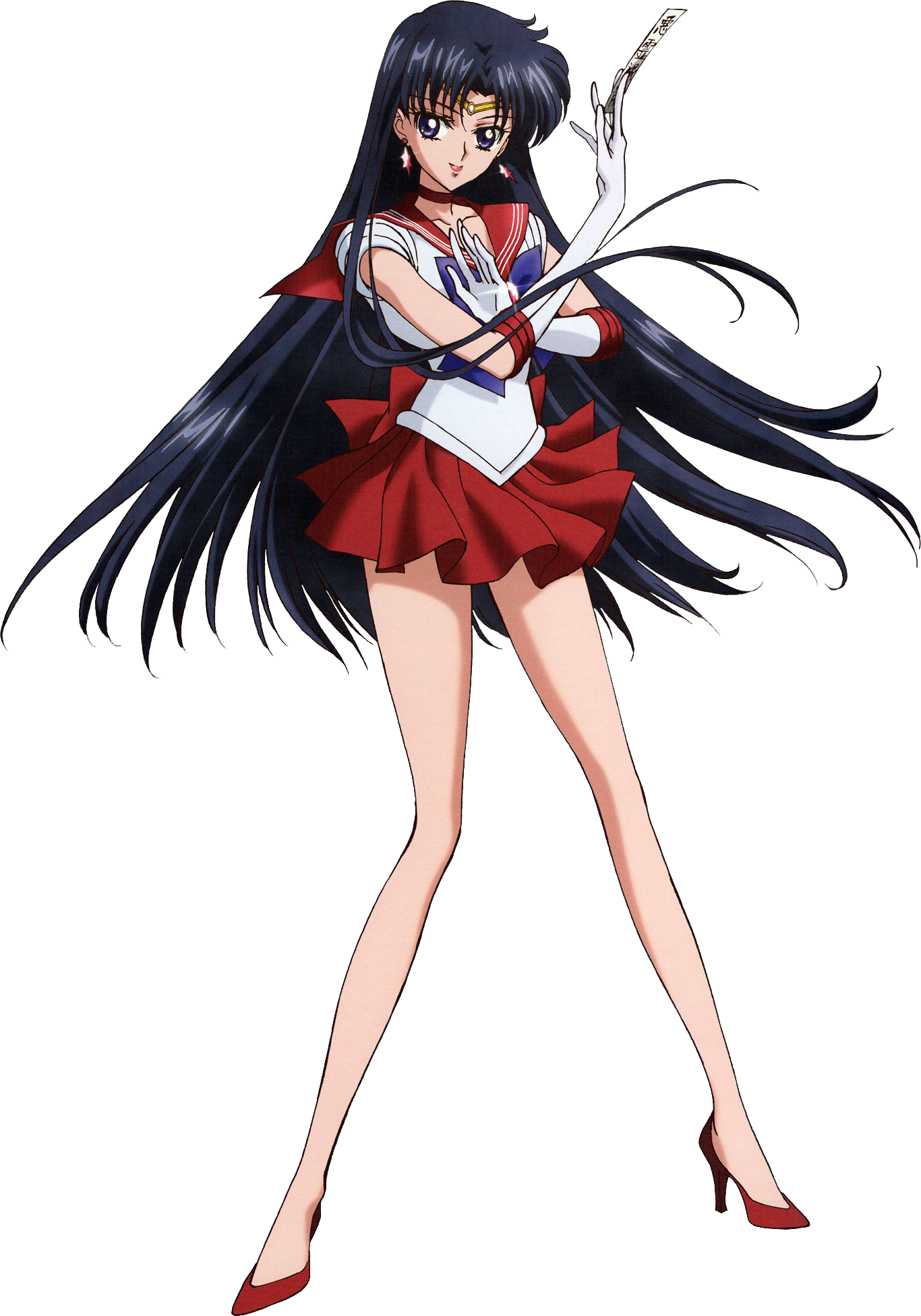 sailor 桌布 壁紙 — 動畫角色 Sailor Mars 身穿紅白制服，手持權杖，站在純白背景前。
