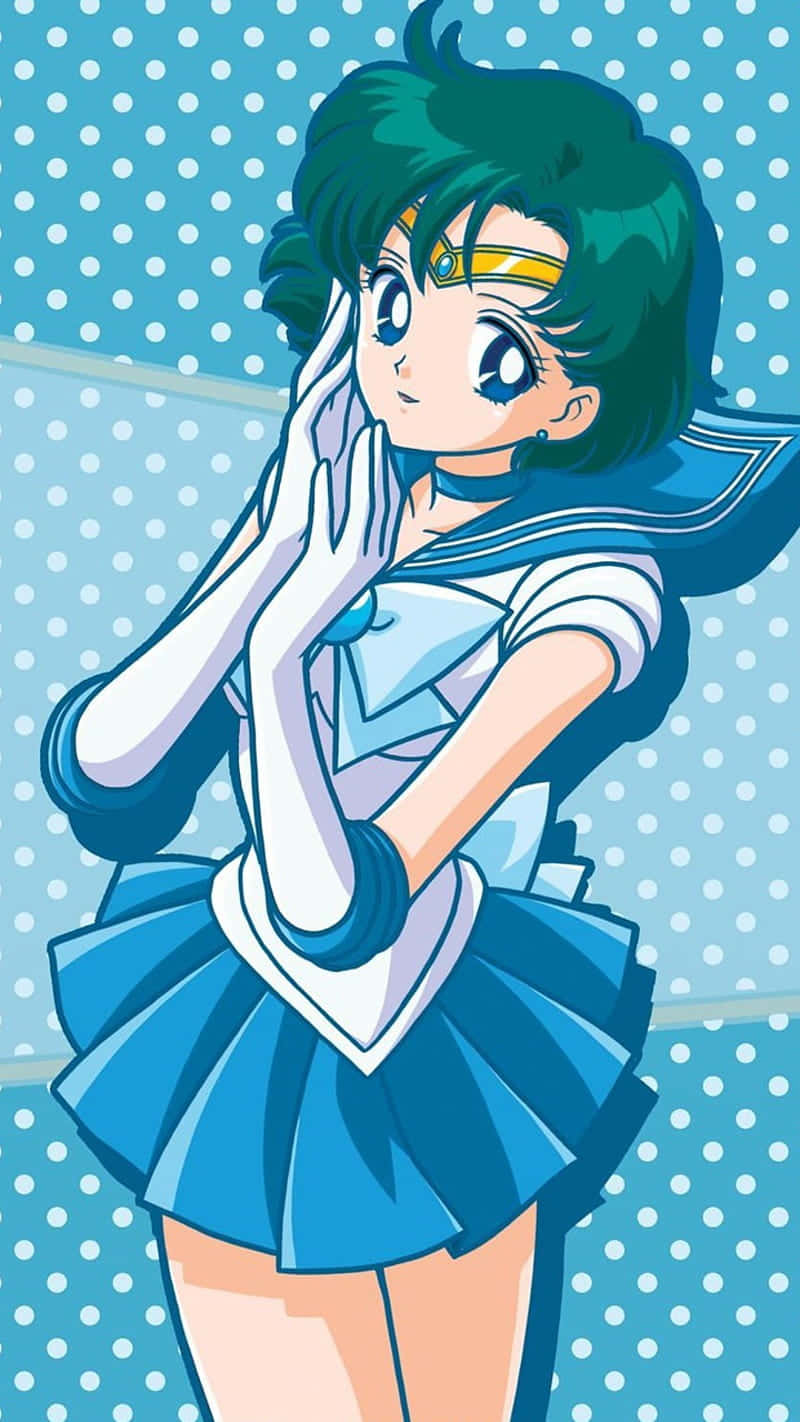 Sailor Mercury 桌布 壁紙 — 動畫角色 Sailor Mercury 身穿藍色水手服，在圓點背景前將手靠近臉部擺姿勢。