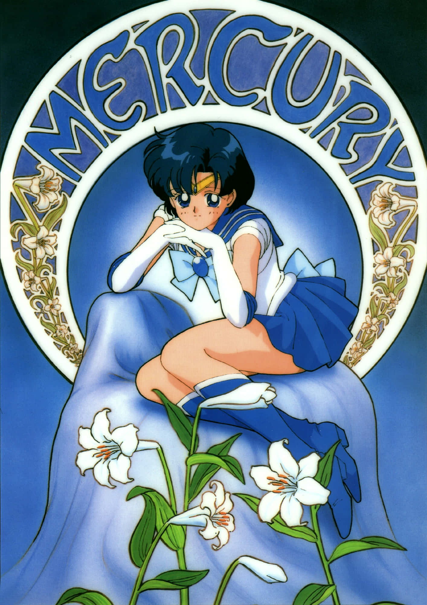 動漫 桌布 壁紙 — 動畫角色 Sailor Mercury 優雅地坐在一個飾有白色百合花和花卉圖案的藍色圓形框架中。