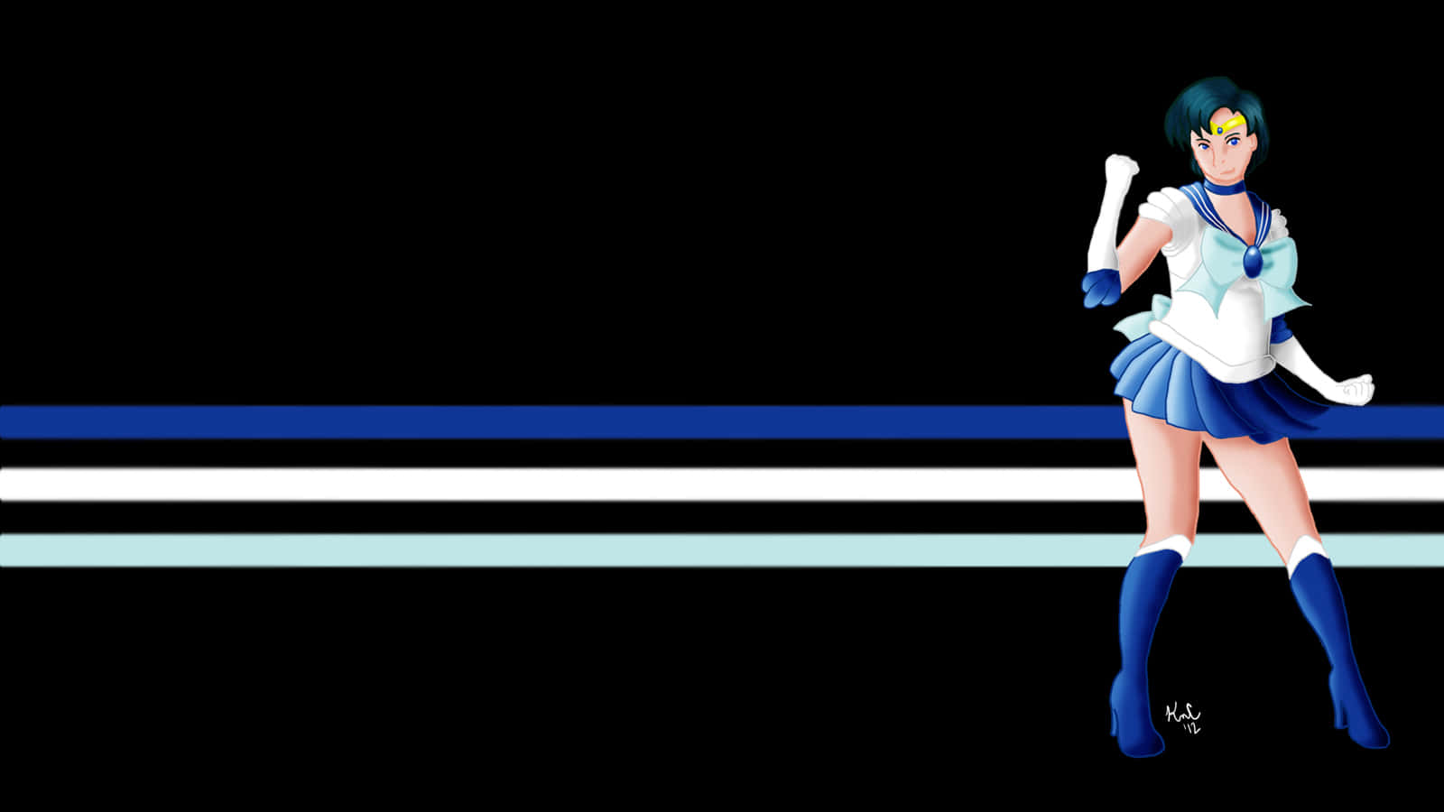 Sailor Mercury 桌布 壁紙 — 動畫角色 Sailor Mercury 自信地站立，身穿藍白制服，背景為帶有水平條紋的黑色。