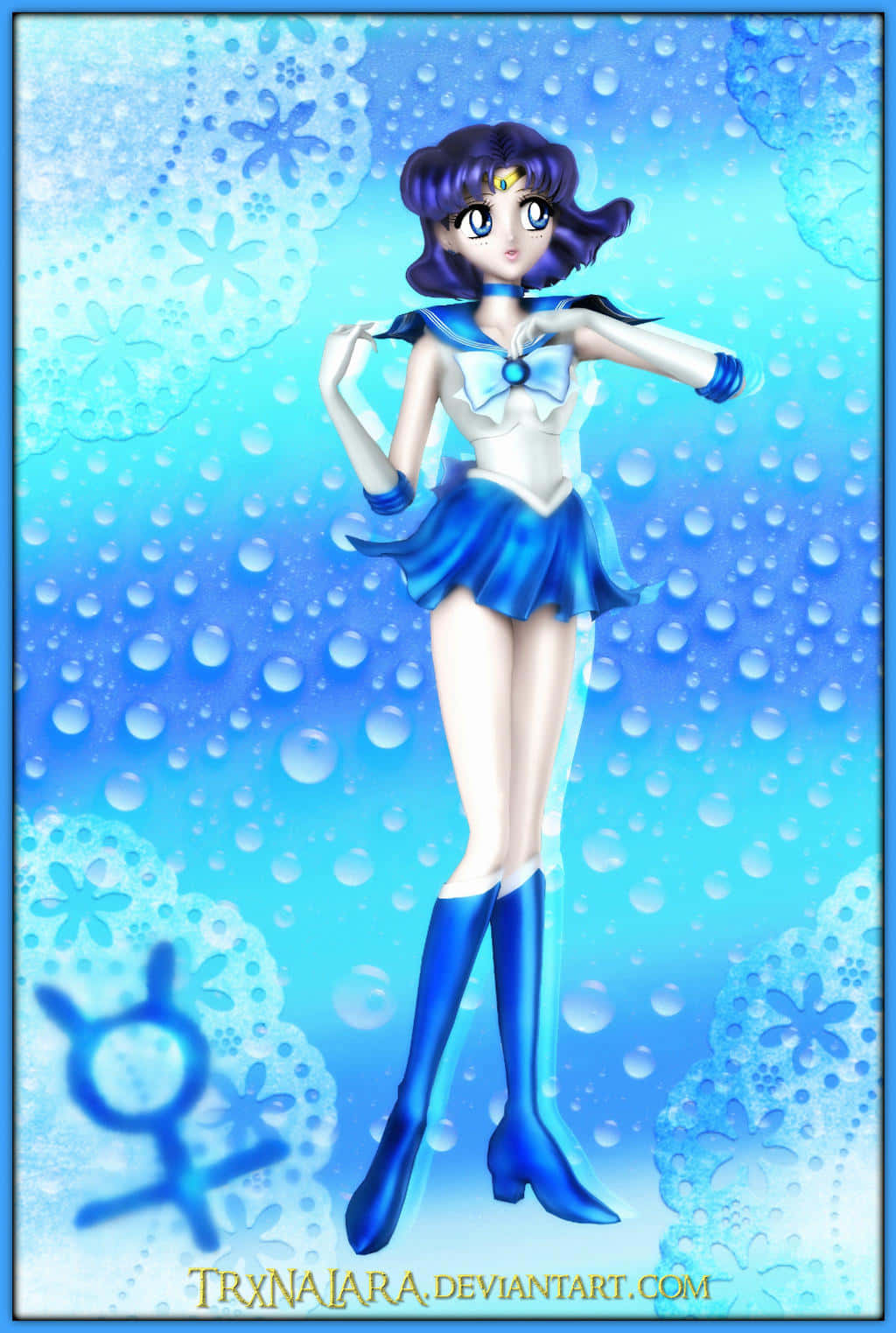 Sailor Mercury 桌布 壁紙 — 動畫角色 Sailor Mercury 身穿藍白水手服，站在閃爍的水波背景前，背景帶有花卉圖案。