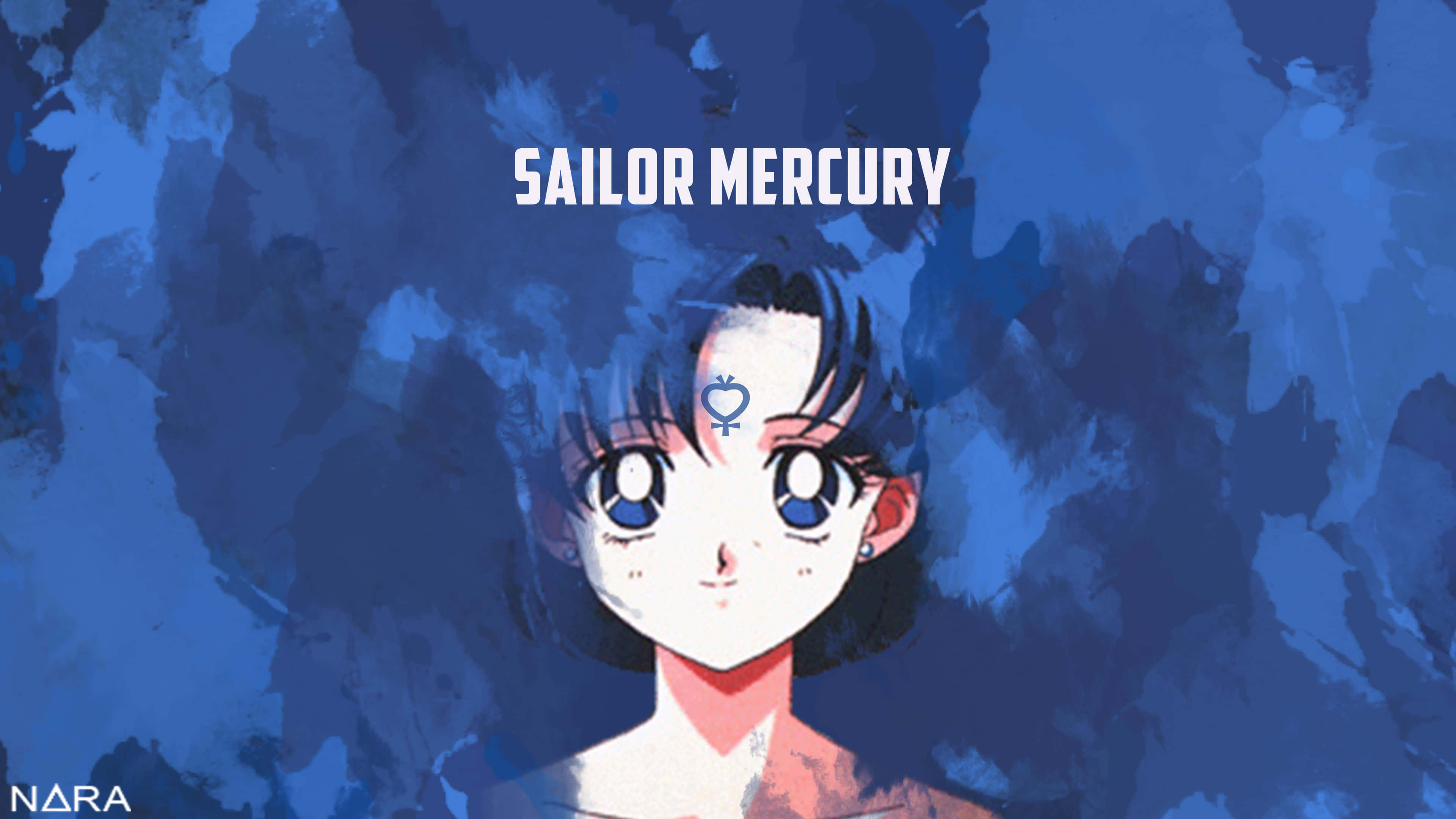 Sailor Mercury 桌布 壁紙 — 動畫角色 Sailor Mercury，藍色眼睛，黑色短髮，背景為帶紋理的藍色水彩。