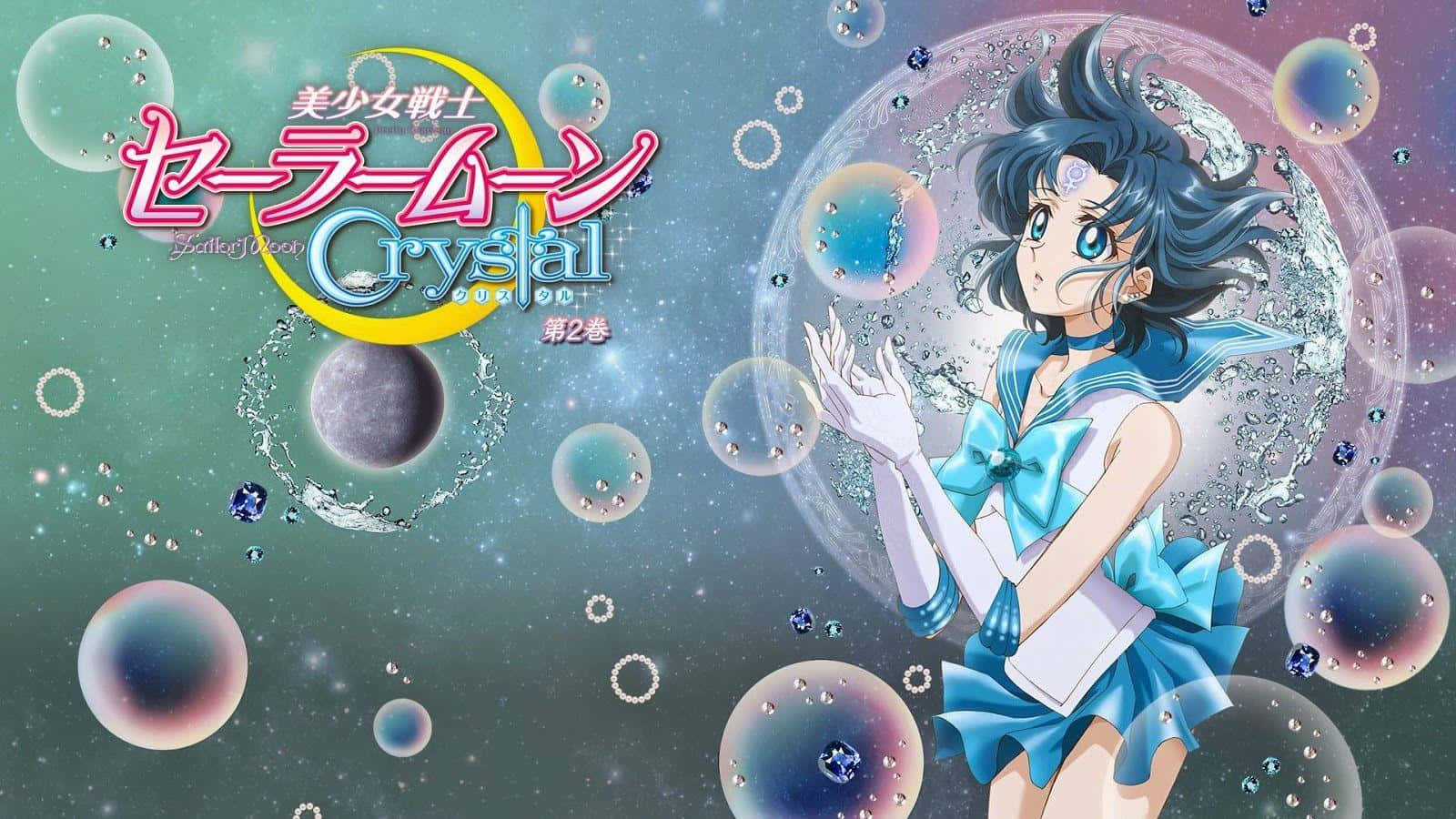 sailor moon crystal 桌布 壁紙 — 動畫角色 Sailor Moon 穿著藍色水手服，被發光氣泡包圍，背景是宇宙星空。
