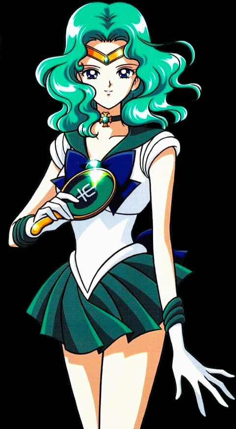 動漫 桌布 壁紙 — 動畫角色 Sailor Neptune 擁有藍綠色頭髮和綠色水手服，在黑色背景前拿著發光的鏡子。