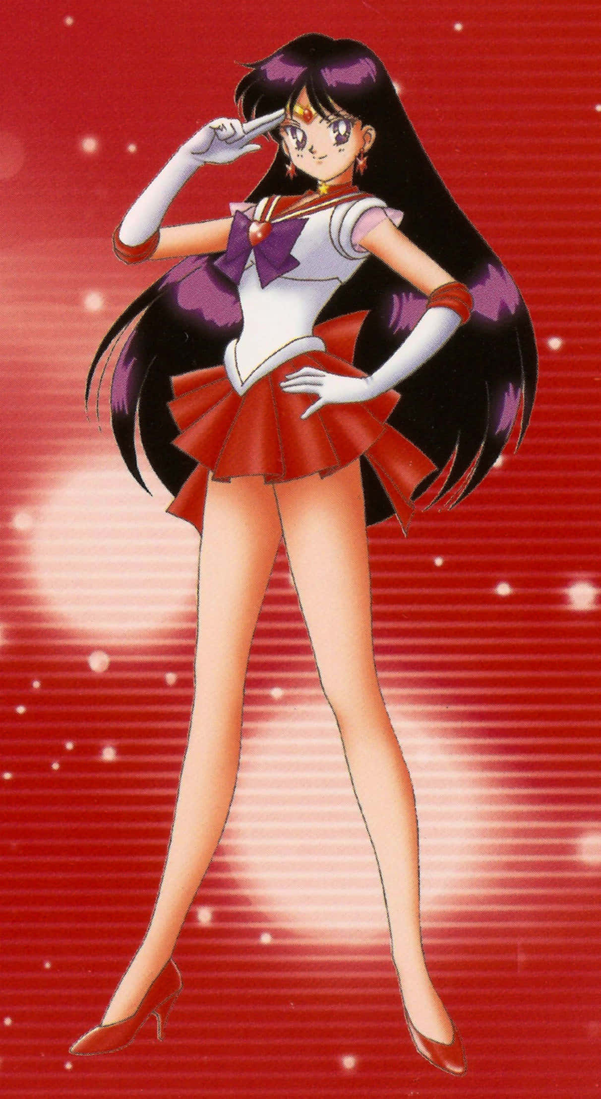 sailor mars 桌布 壁紙 — 動畫角色 Sailor Pluto 自信地站立，身穿紅色和紫色的制服，背景是充滿活力的紅色星空。