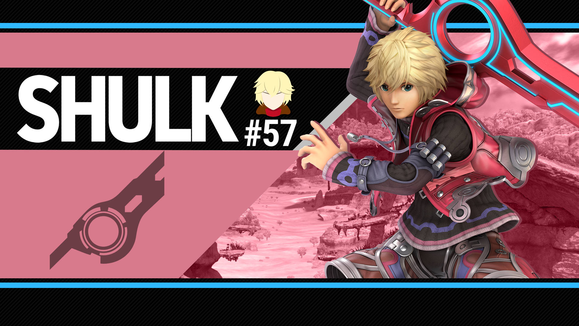 Smash Bros Ultimate 桌布 壁紙 — 動畫角色 Shulk 身穿紅色盔甲，在粉紅色岩石景觀中手持發光劍。