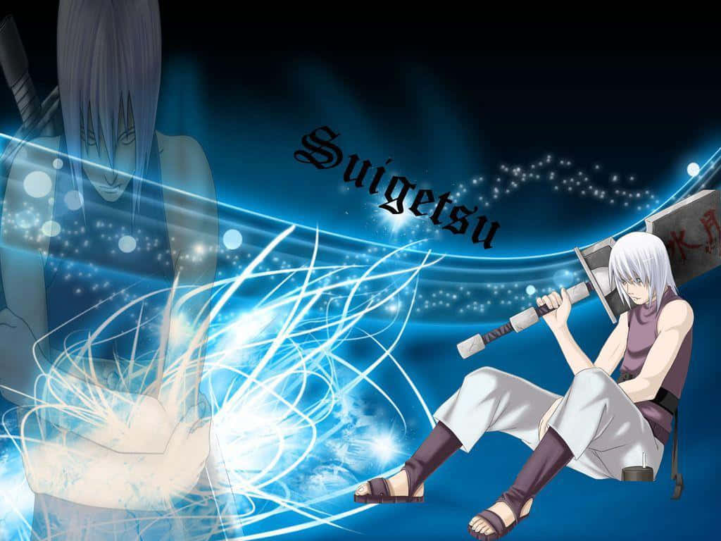 Suigetsu Hozuki 桌布 壁紙 — 動畫角色 Suigetsu 在黑暗背景中，手持劍，周圍環繞著發光的藍色能量流。