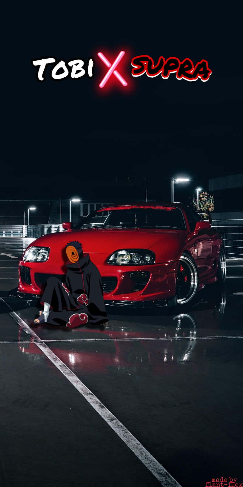 動畫角色 Tobi 坐在霓虹燈下濕漉漉的停車場中，一輛紅色 Supra 車旁。 — Toyota Supra Mk4 壁紙