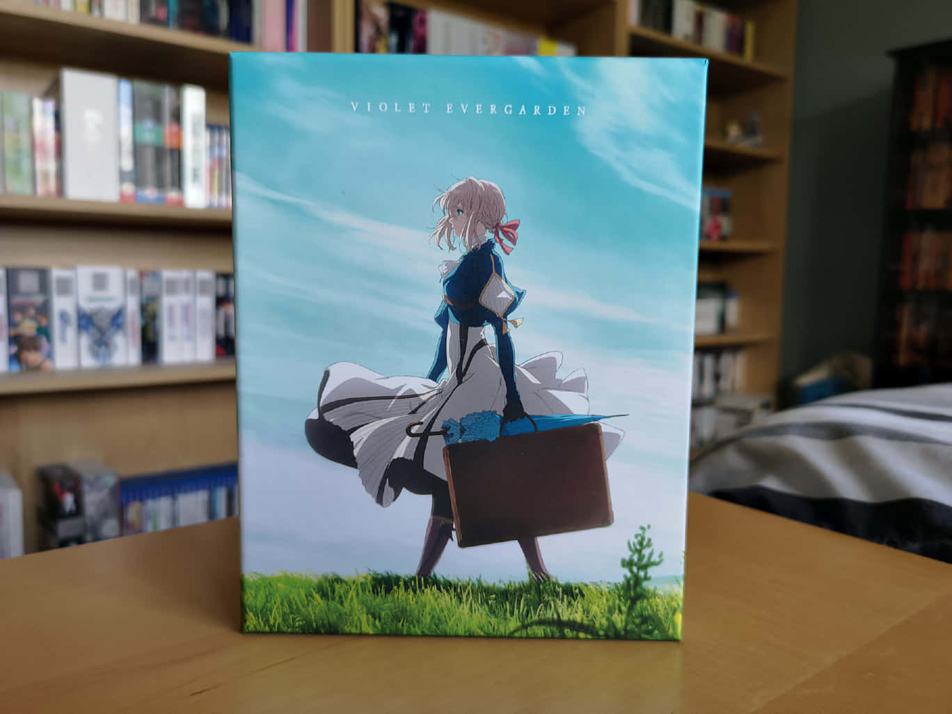 動漫 桌布 壁紙 — 動畫角色 Violet Evergarden 站在草地上，在明亮的藍天下拿著手提箱。
