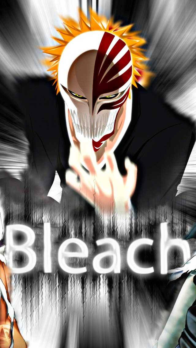 Bleach iPhone 桌布 壁紙 — 動畫角色，有著尖刺橙色頭髮和白色面具，在動態模糊的黑白背景前，以發光的手向前猛衝。
