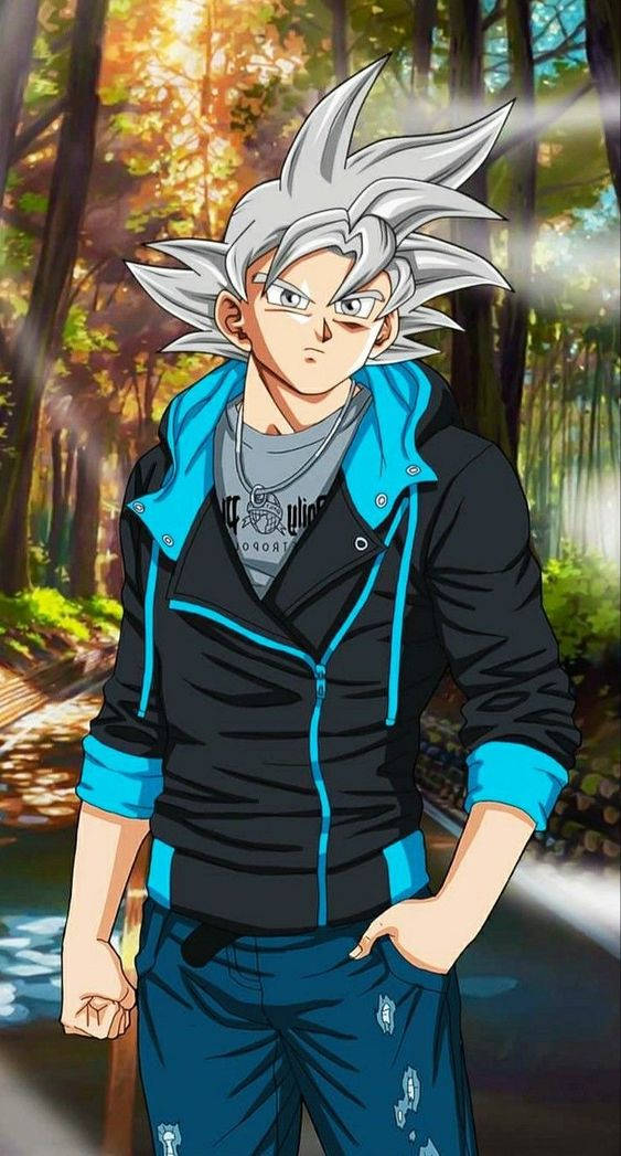 Goku Swag 桌布 壁紙 — 動畫角色，銀色尖刺頭髮，自信地站在陽光普照的森林中，身穿黑色和藍色外套。