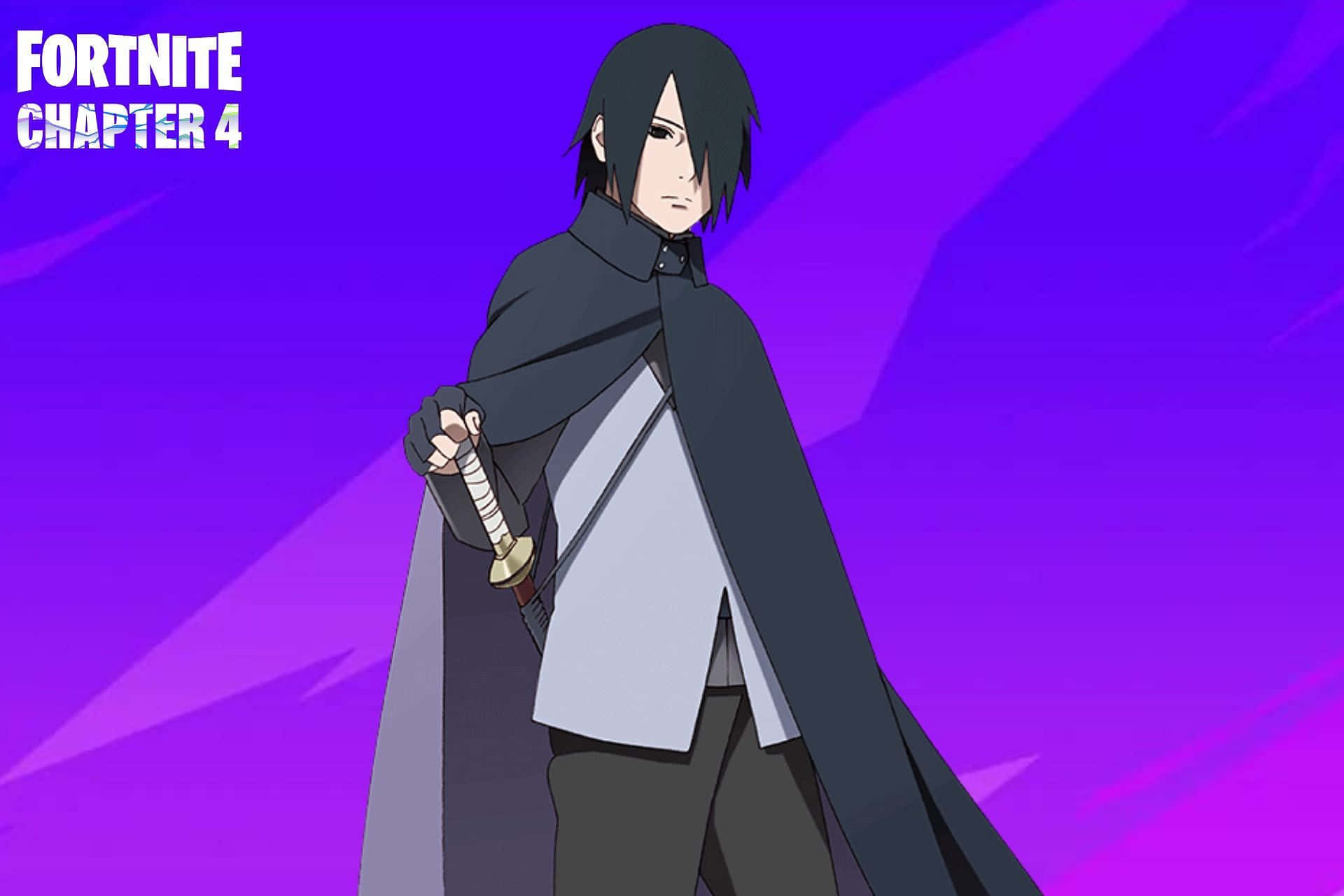 Sasuke 桌布 壁紙 — 動畫角色，黑髮披風，手持劍，背景為鮮豔紫色漸變。