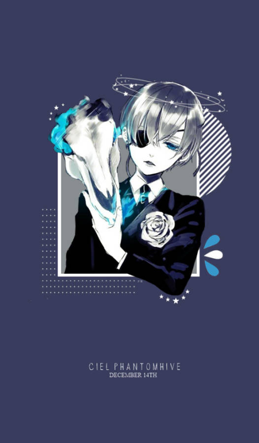 Black Butler 桌布 壁紙 — 動畫角色Ciel Phantomhive身穿正式服裝，在帶有星星裝飾的深藍色背景前手持發光的藍色頭骨。
