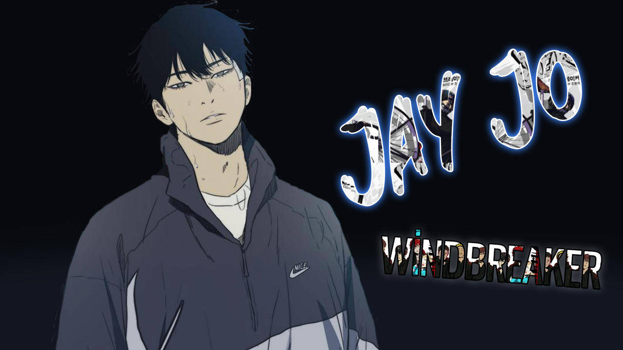 Wind 桌布 壁紙 — 動畫角色Jay Jo穿著深色風衣，在黑色背景上帶有發光風格文字。