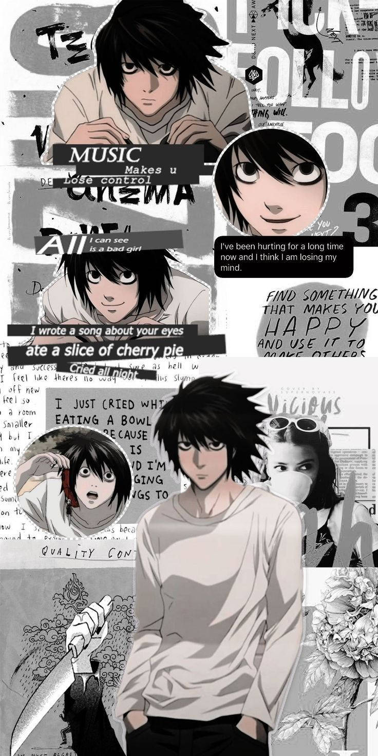 Death Note Aesthetic 桌布 壁紙 — 動畫角色L手持刀具的拼貼畫，周圍環繞著文字疊加和灰度漫畫面板。