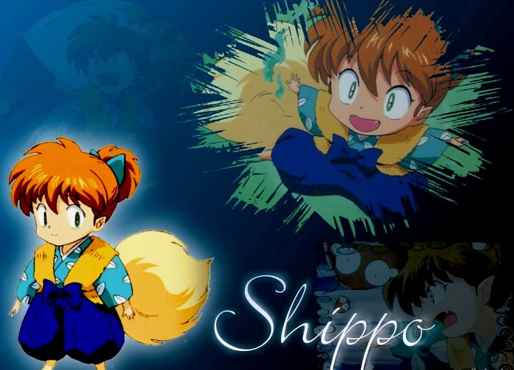 shippo 桌布 壁紙 — 動畫角色七寶（Shippo）擁有狐狸尾巴，在帶有動態模糊效果的深藍色背景上快樂地微笑。