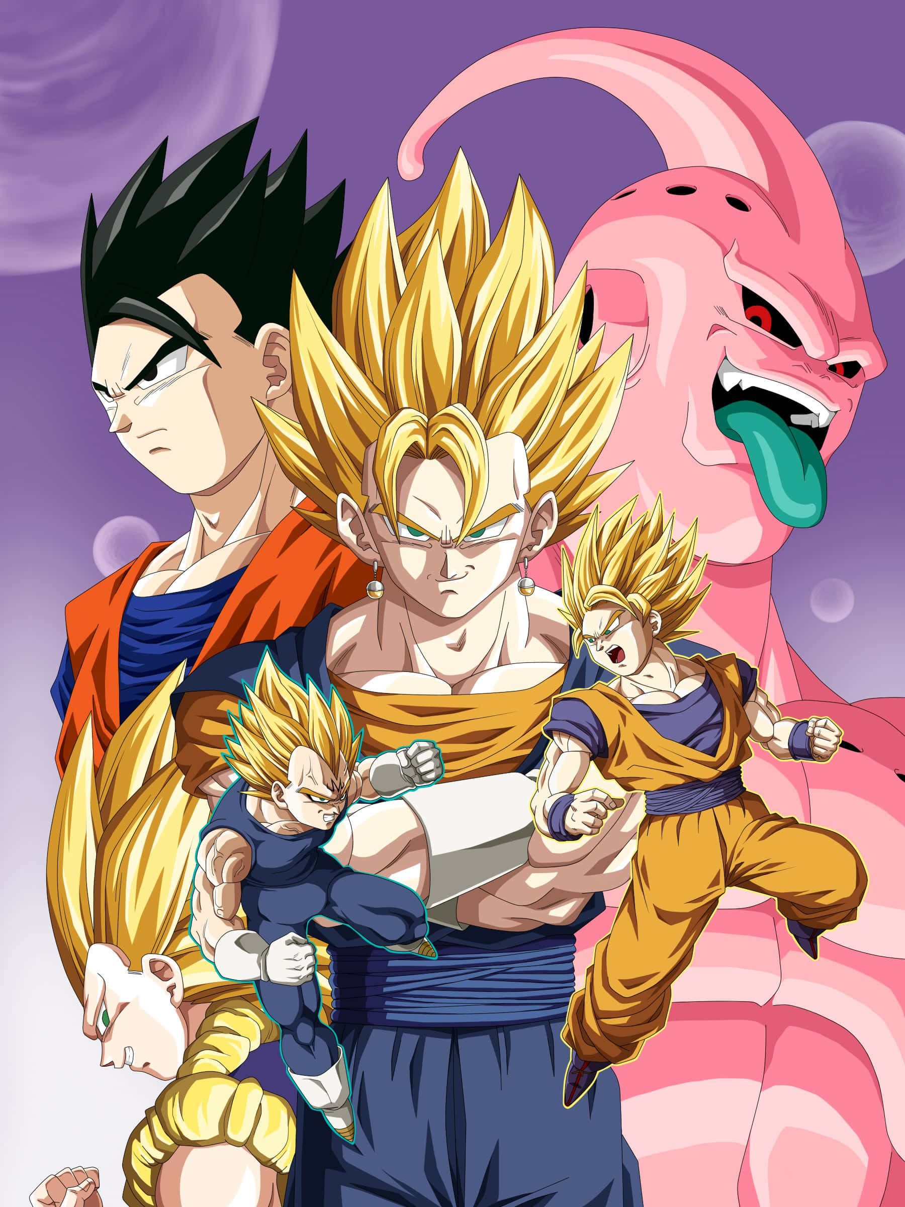 Buu Saga 桌布 壁紙 — 動畫角色以超級賽亞人形態在紫色宇宙背景下動感擺姿勢，身後有粉紅色惡魔若隱若現。