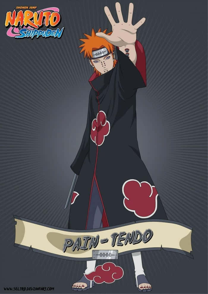Yahiko 桌布 壁紙 — 動畫角色佩恩天道身穿黑色斗篷帶有紅雲，在黑暗放射背景中舉起手。