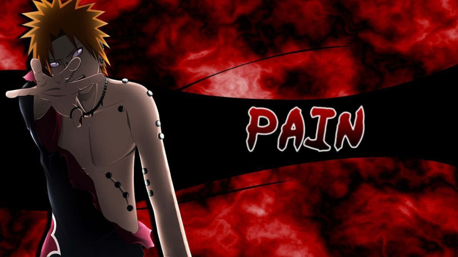 Akatsuki Pain 桌布 壁紙 — 動畫角色佩恩站在旋轉的紅色煙霧背景前，並以粗體紅色字母顯示「PAIN」一詞。