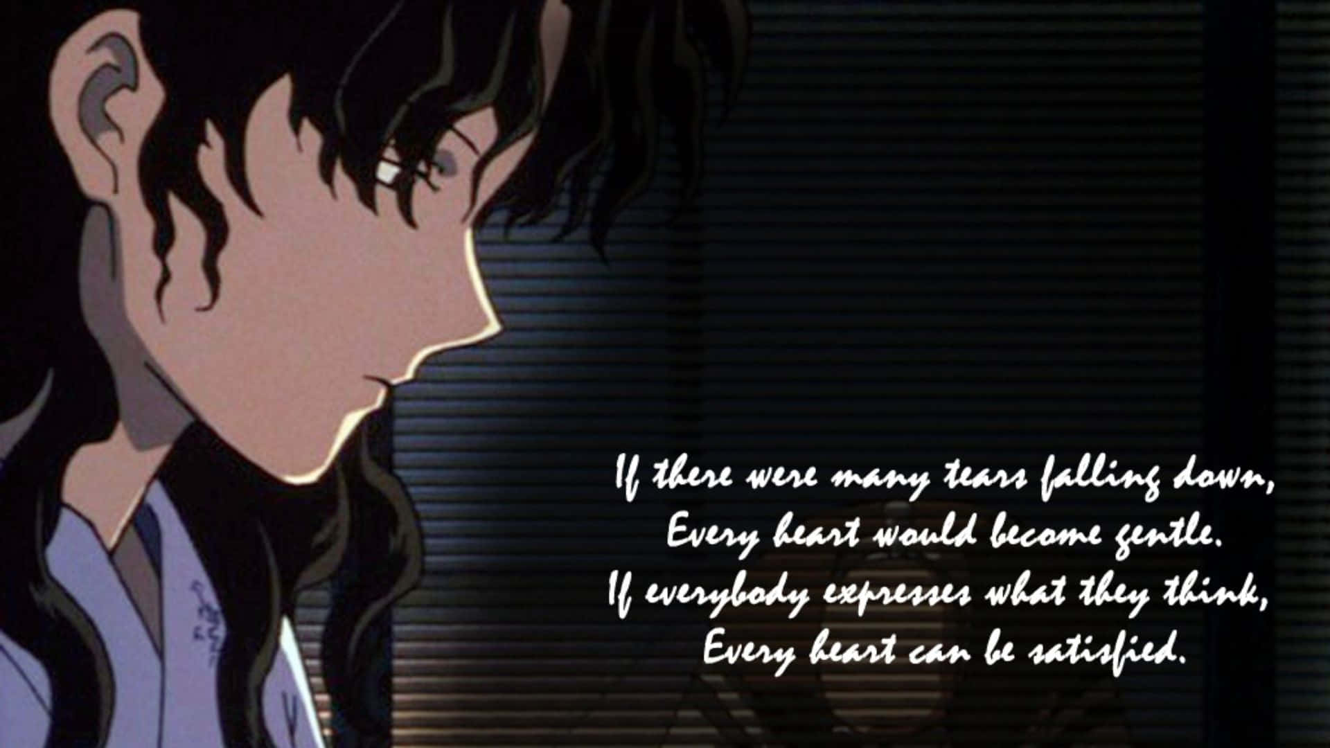 Naraku 桌布 壁紙 — 動畫角色側面，在昏暗燈光下若有所思地凝視百葉窗，帶有詩意文字疊加。