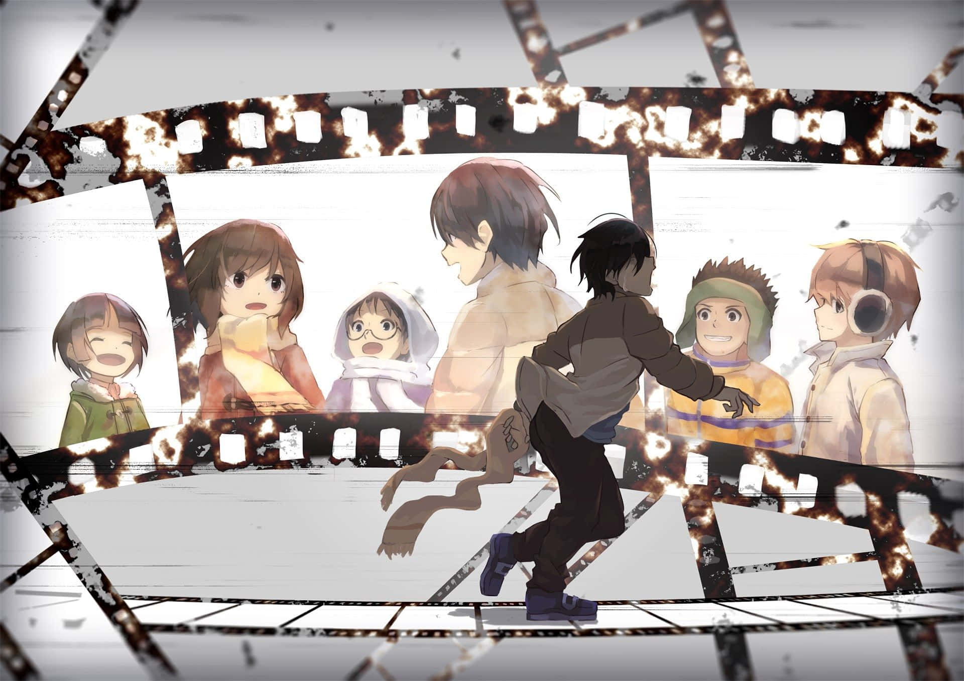 Erased 桌布 壁紙 — 動畫角色出現在燒焦的底片條上，背景為純白色，中央有一個正在移動的角色。