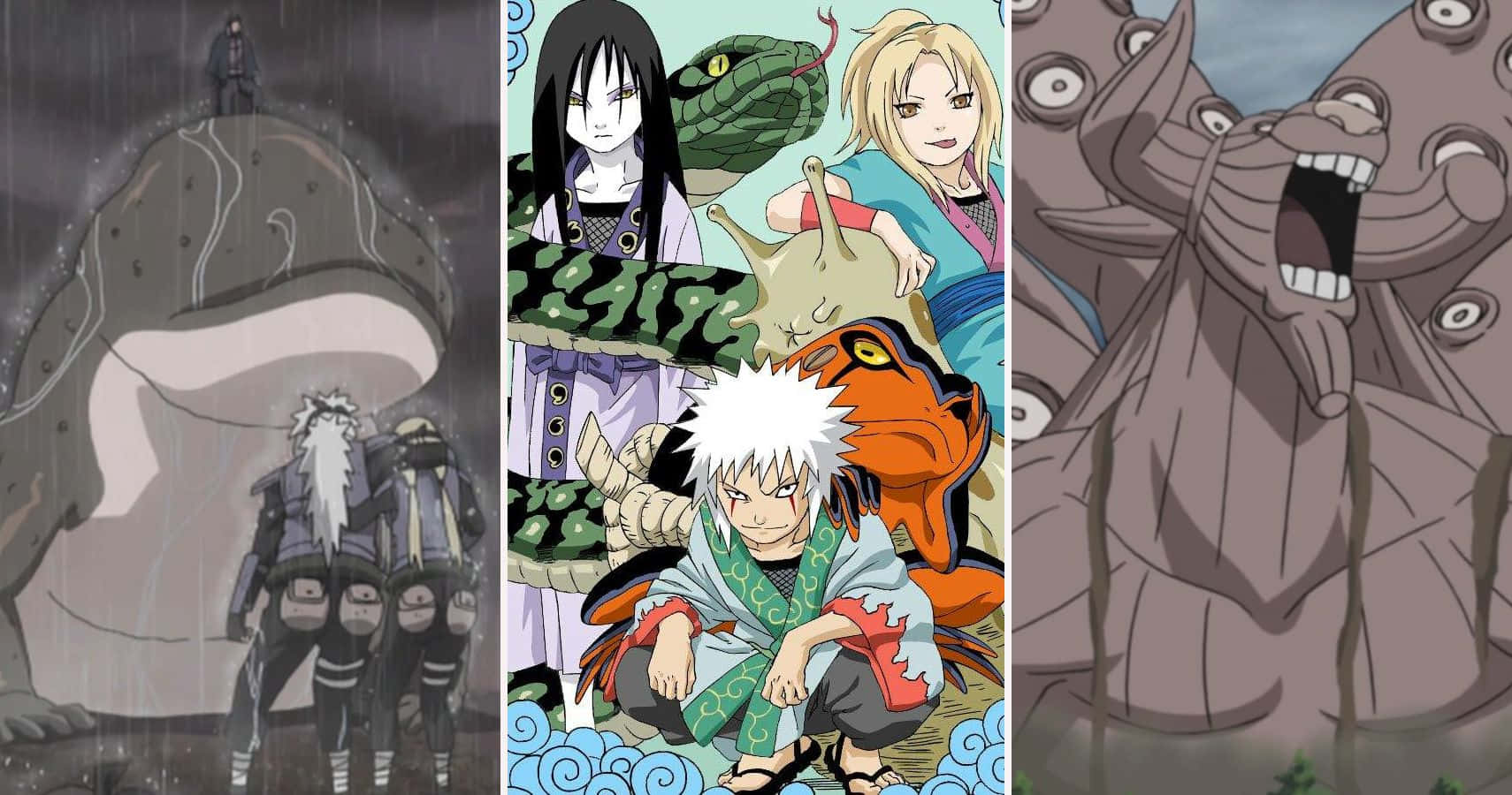 Legendary Sannin 桌布 壁紙 — 動畫角色在戲劇性的雨中戰鬥場景中對抗巨型蟾蜍召喚。
