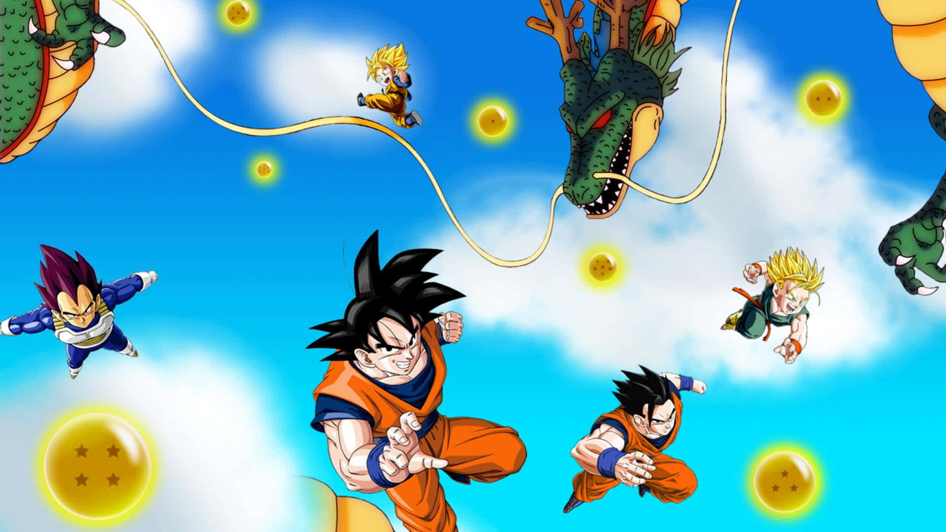 Dragon Ball Z Kai 桌布 壁紙 — 動畫角色在明亮的藍天中翱翔，周圍漂浮著龍珠和一條綠龍。