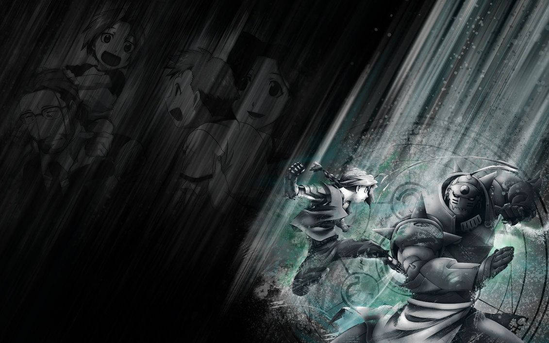 Fullmetal Alchemist 桌布 壁紙 — 動畫角色在暴雨中戰鬥，鬼影從陰影中觀看。