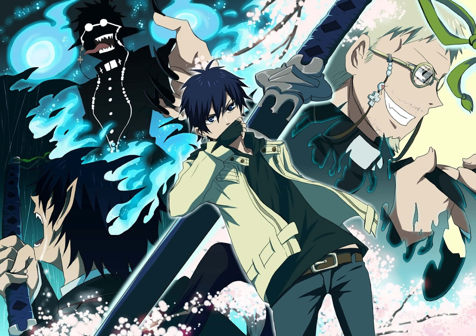 Blue Exorcist 桌布 壁紙 — 動畫角色在櫻花下以動態動作碰撞，伴隨發光藍色能量效果。