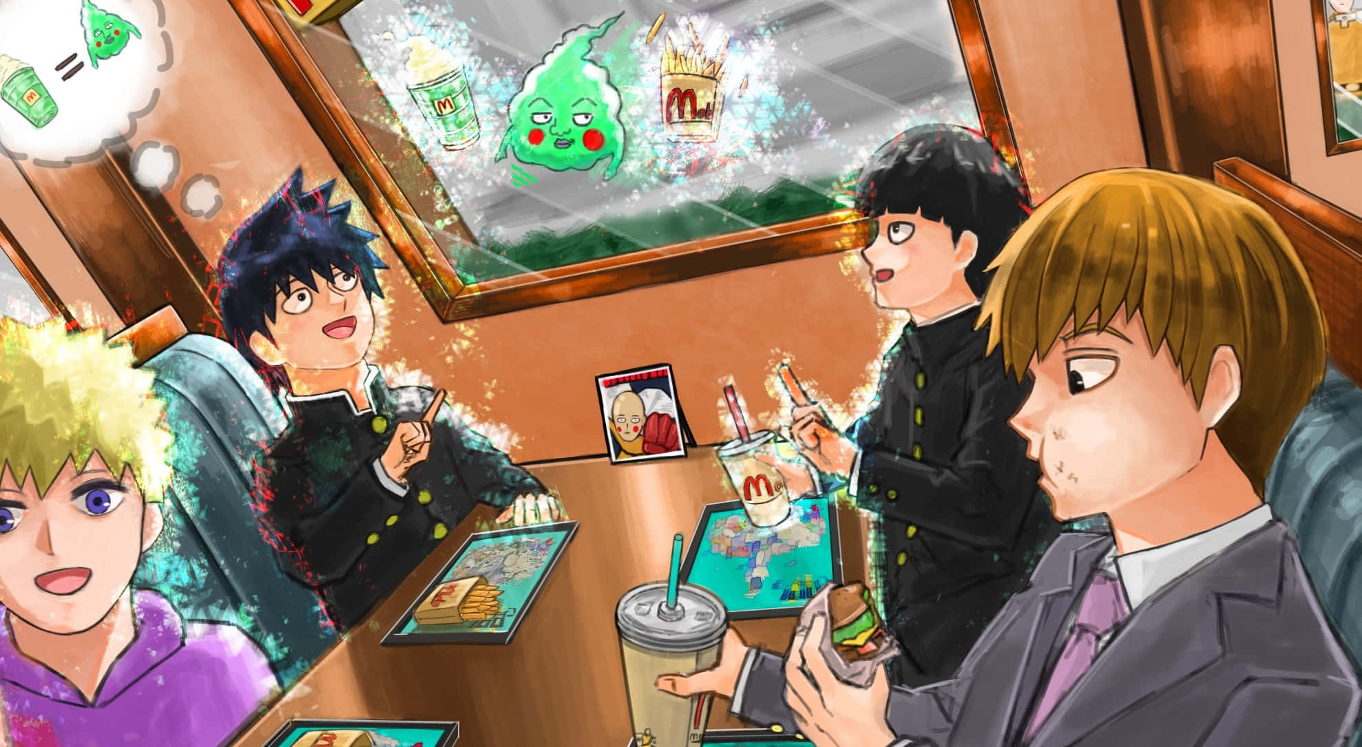 Mob Psycho 桌布 壁紙 — 動畫角色在火車車廂內享用快餐，鬼魂般的薯條和飲料飄過窗戶。